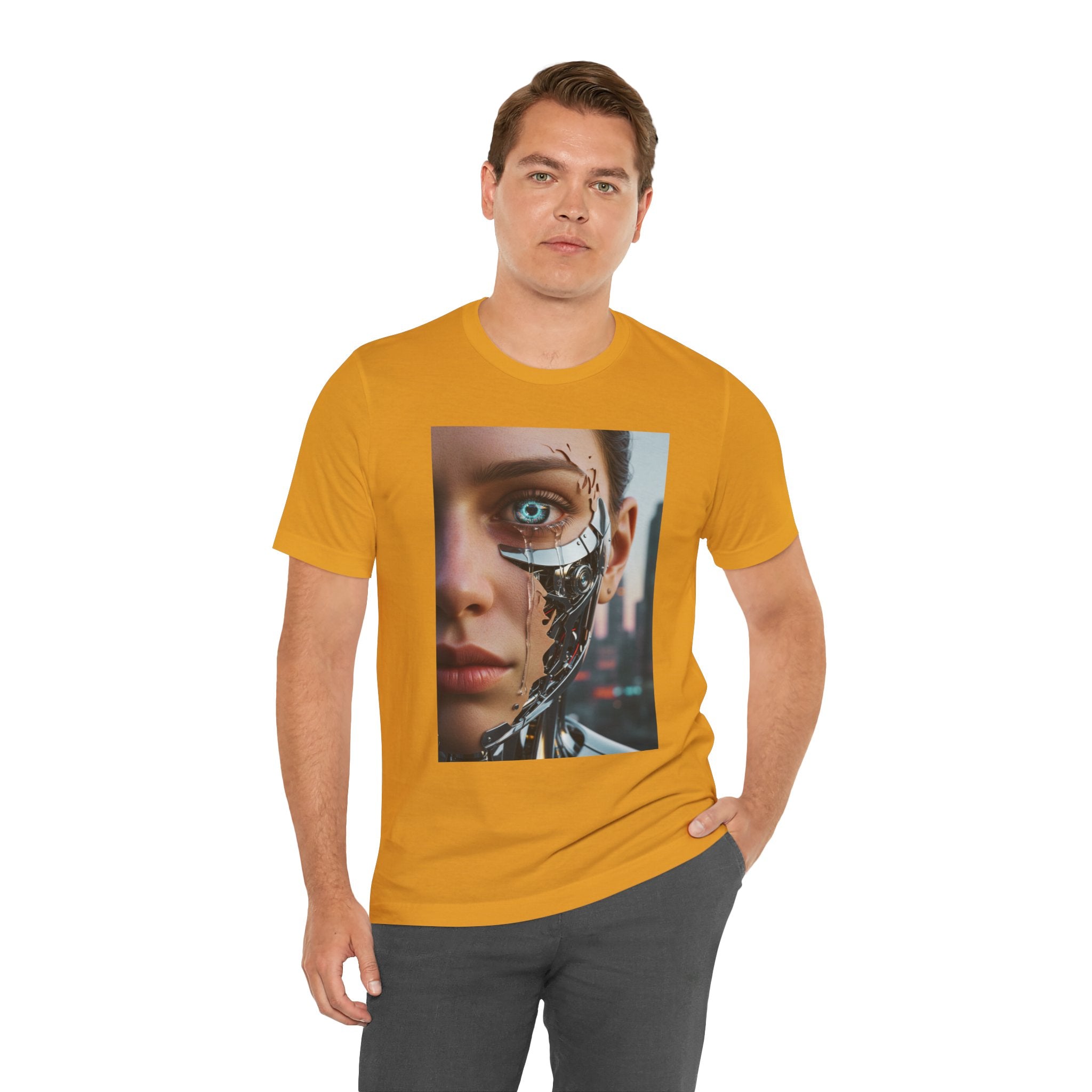 Cyborg Portrait T‑Shirt — Futuristic Android Face Graphic Tee