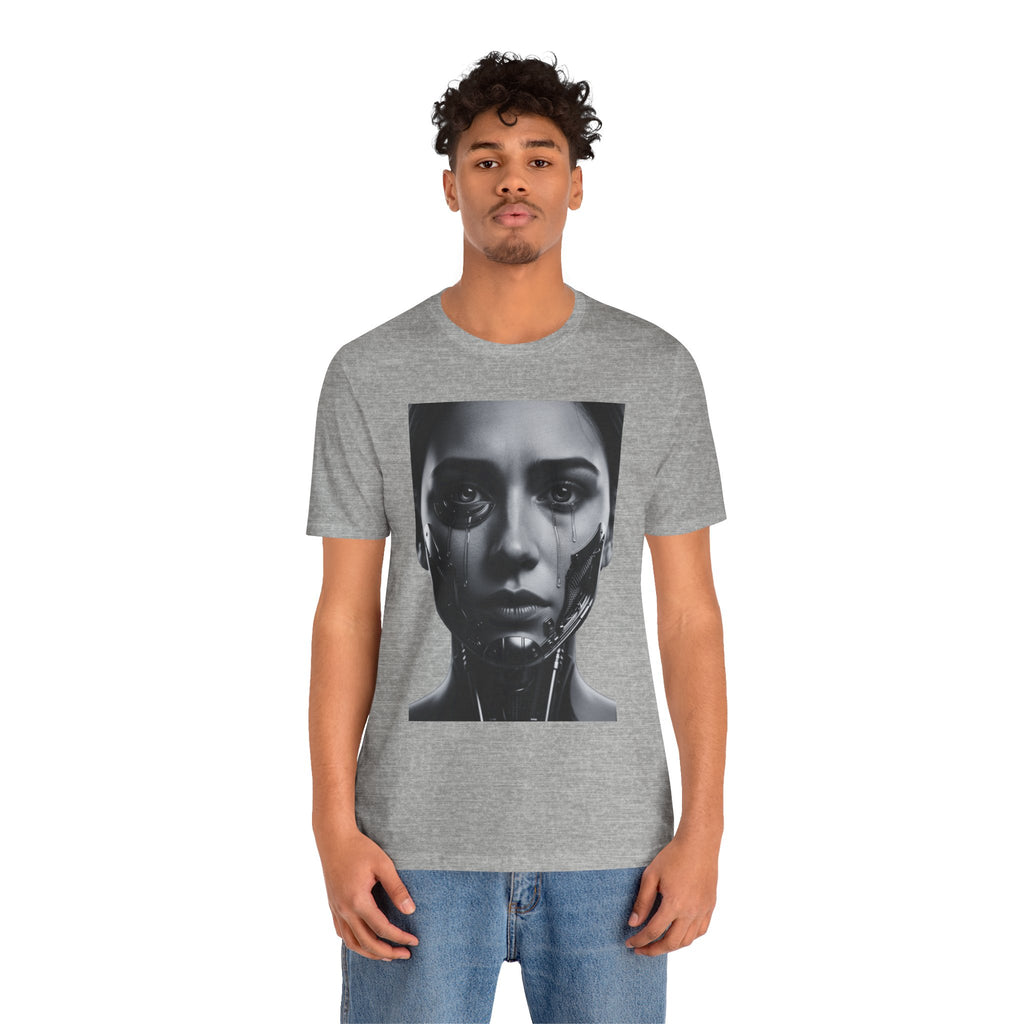 Cybernetic Woman Portrait Tee — Futuristic Black & White Sci‑Fi Face Graphic T-Shirt