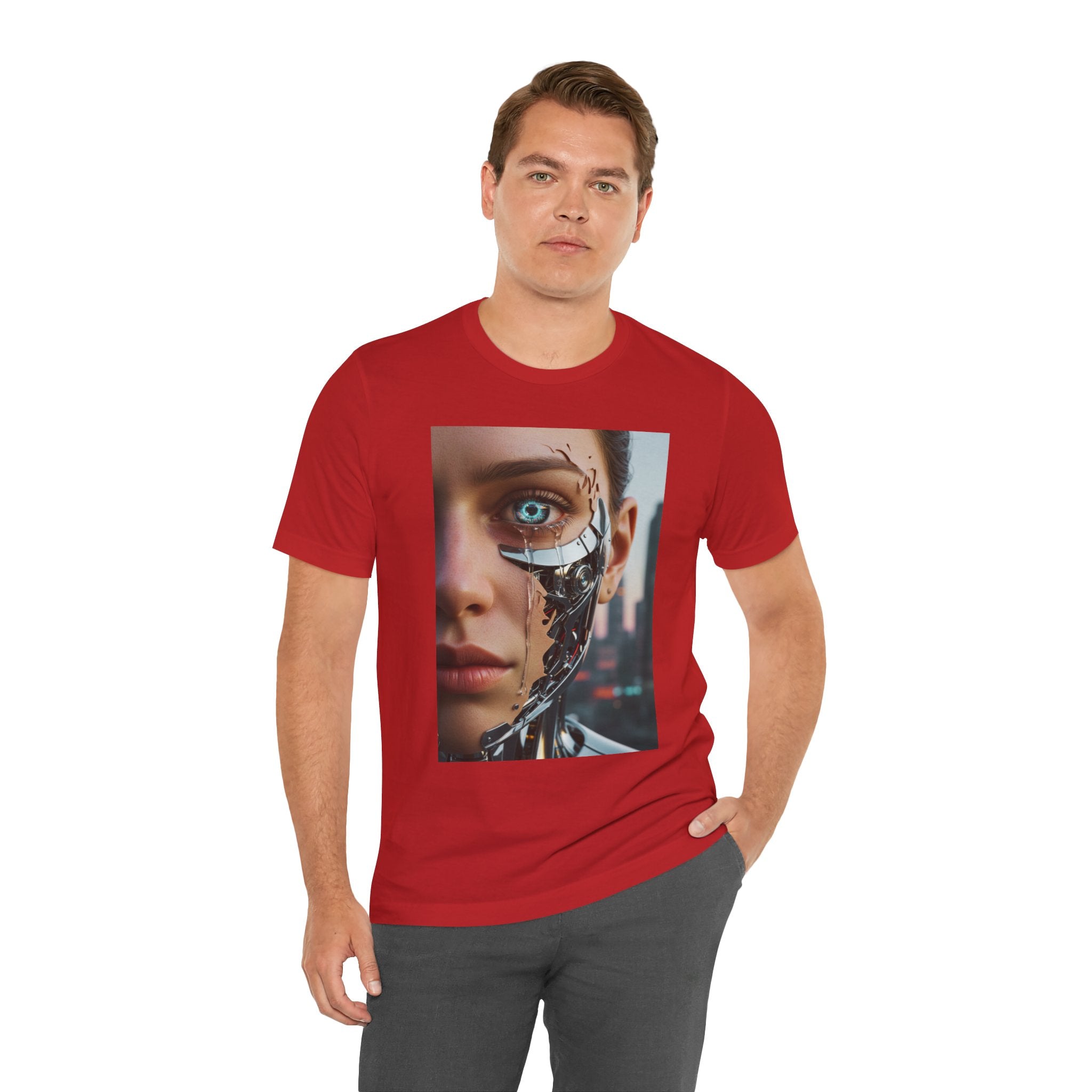 Cyborg Portrait T‑Shirt — Futuristic Android Face Graphic Tee