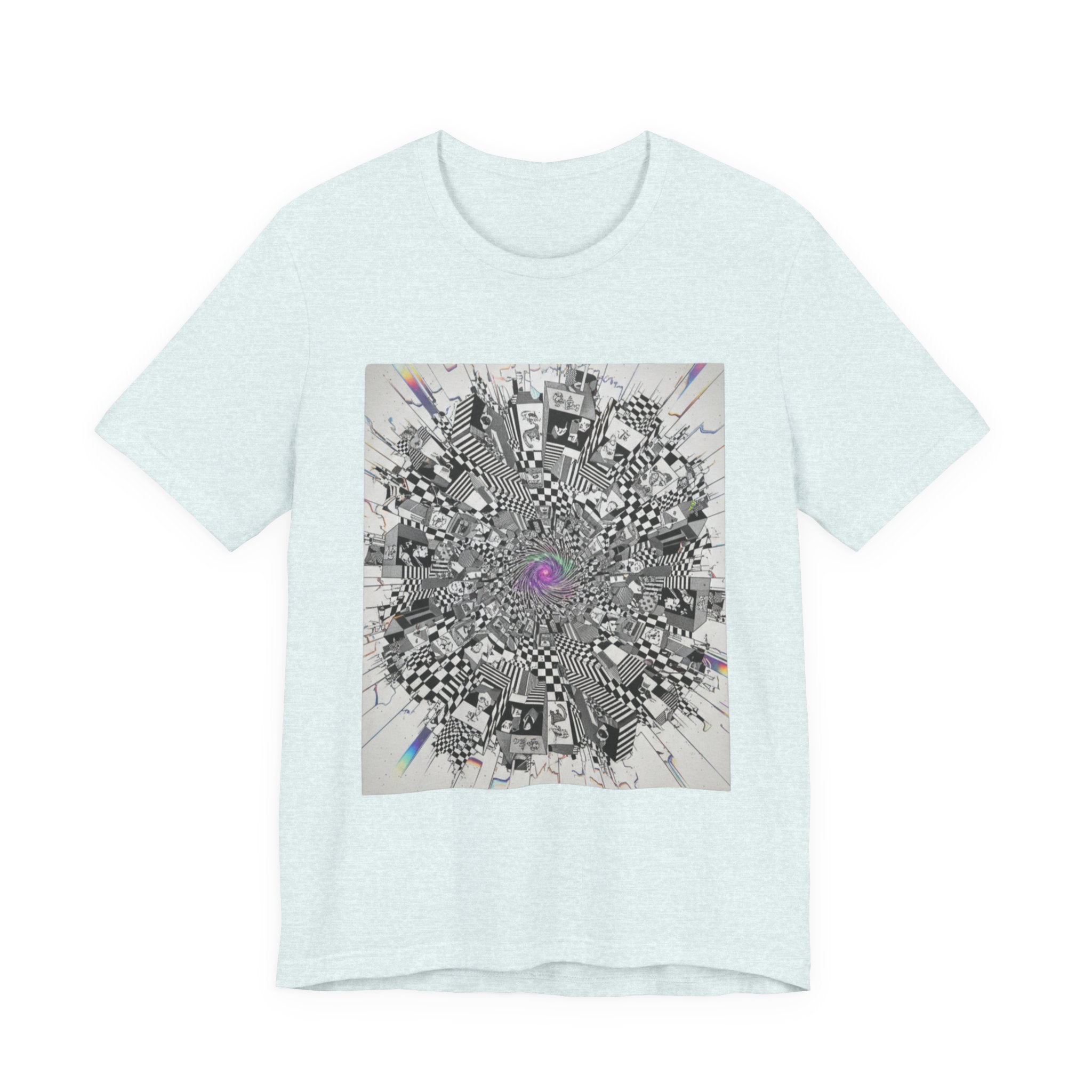 Psychedelic Cityscape Tee — Abstract Optical Art T‑Shirt with Purple Eye