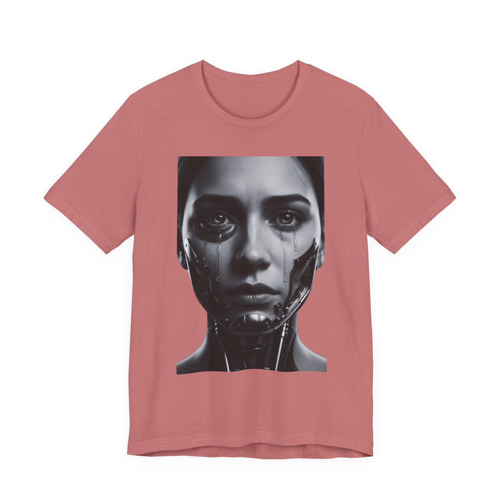 Cybernetic Woman Portrait Tee — Futuristic Black & White Sci‑Fi Face Graphic T-Shirt