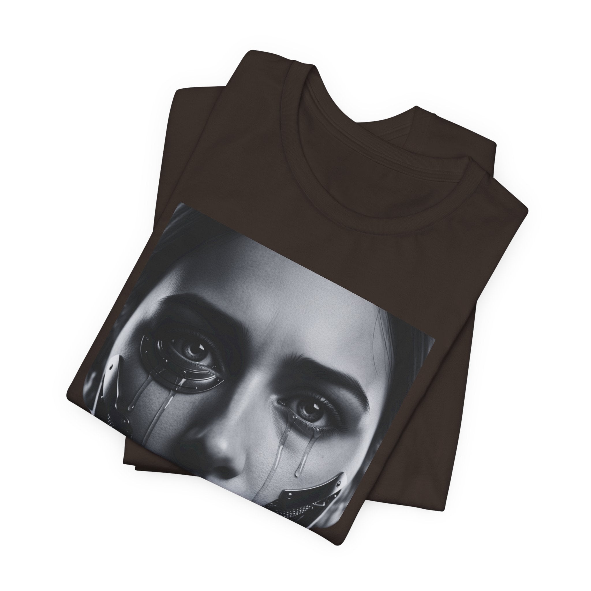 Cybernetic Woman Portrait Tee — Futuristic Black & White Sci‑Fi Face Graphic T-Shirt