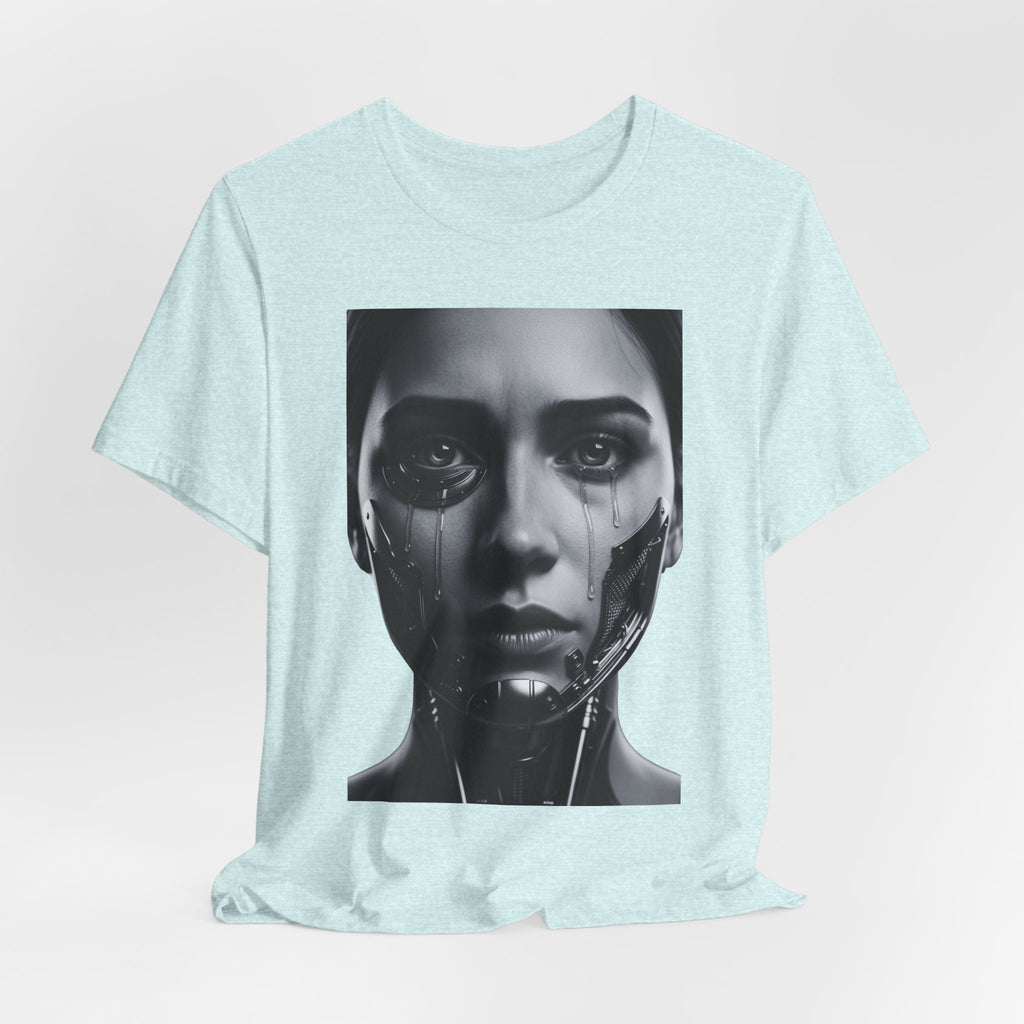 Cybernetic Woman Portrait Tee — Futuristic Black & White Sci‑Fi Face Graphic T-Shirt