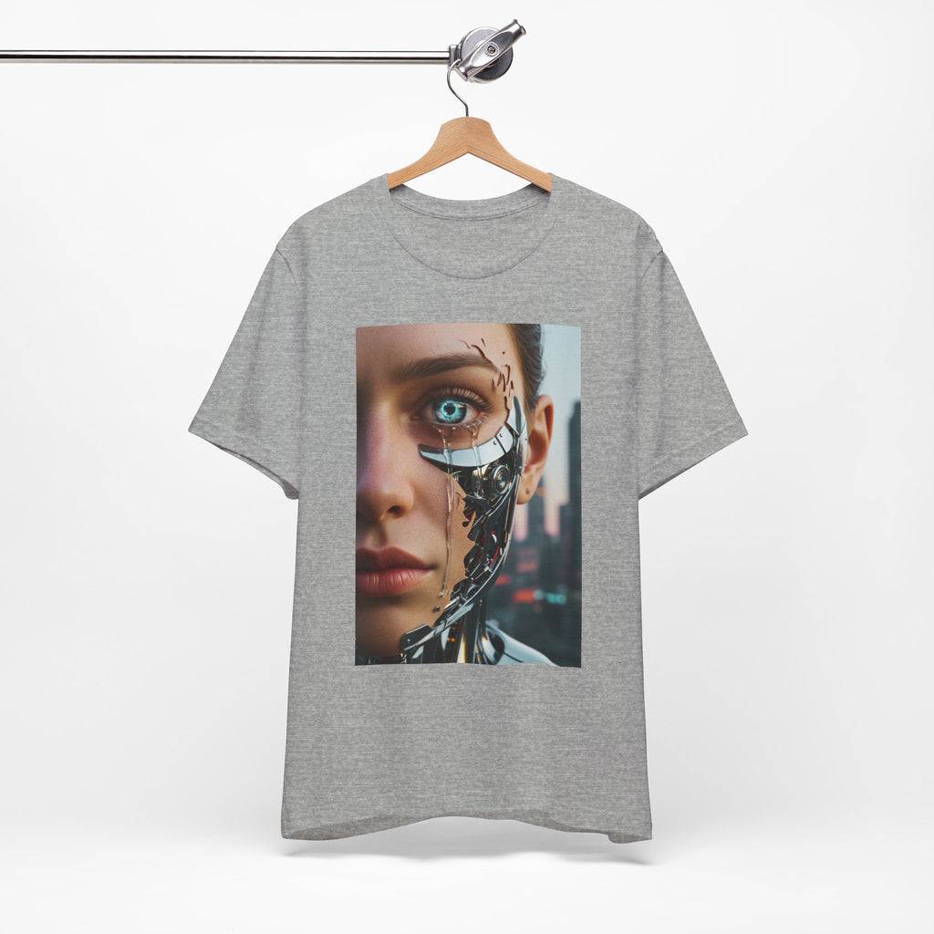Cyborg Portrait T‑Shirt — Futuristic Android Face Graphic Tee
