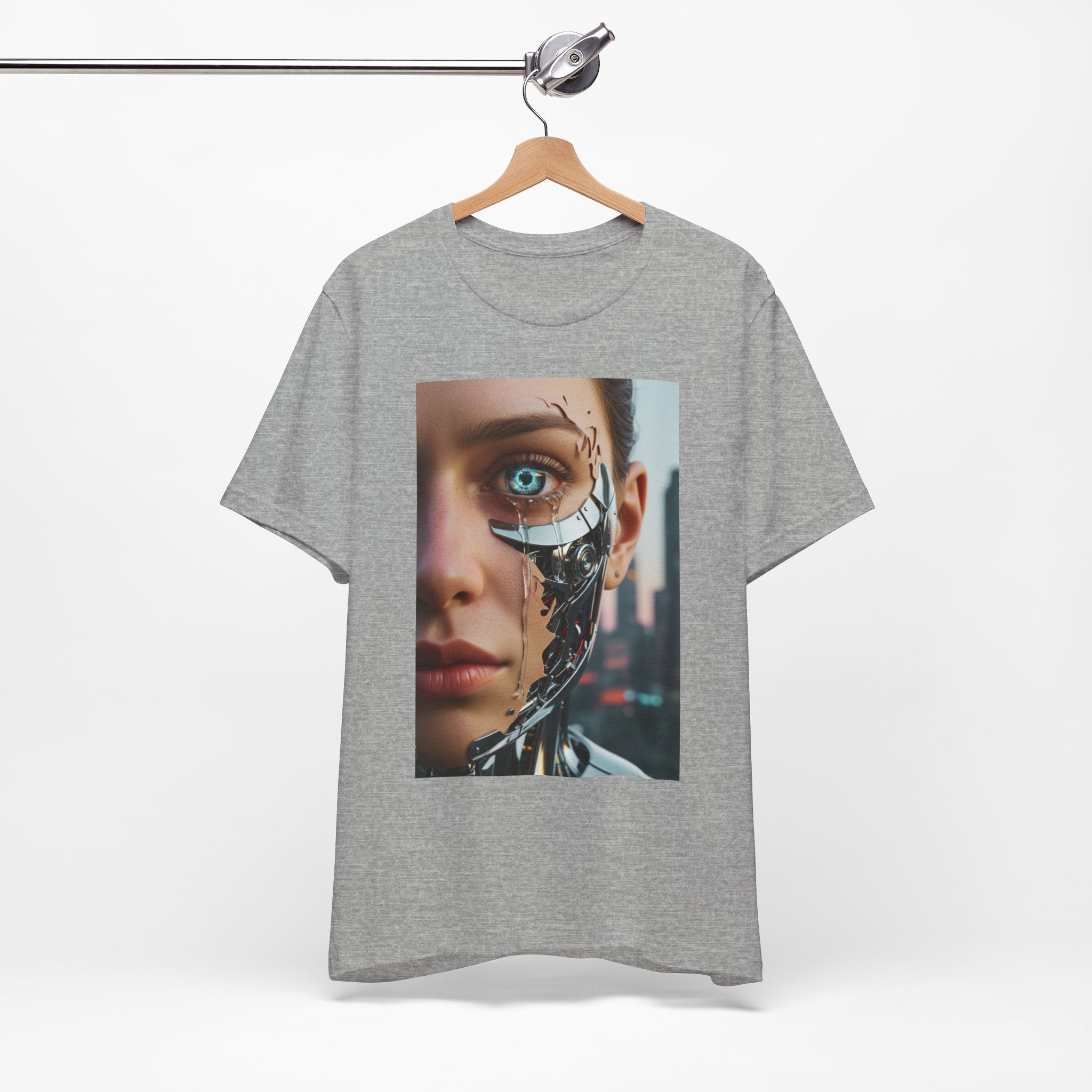 Cyborg Portrait T‑Shirt — Futuristic Android Face Graphic Tee