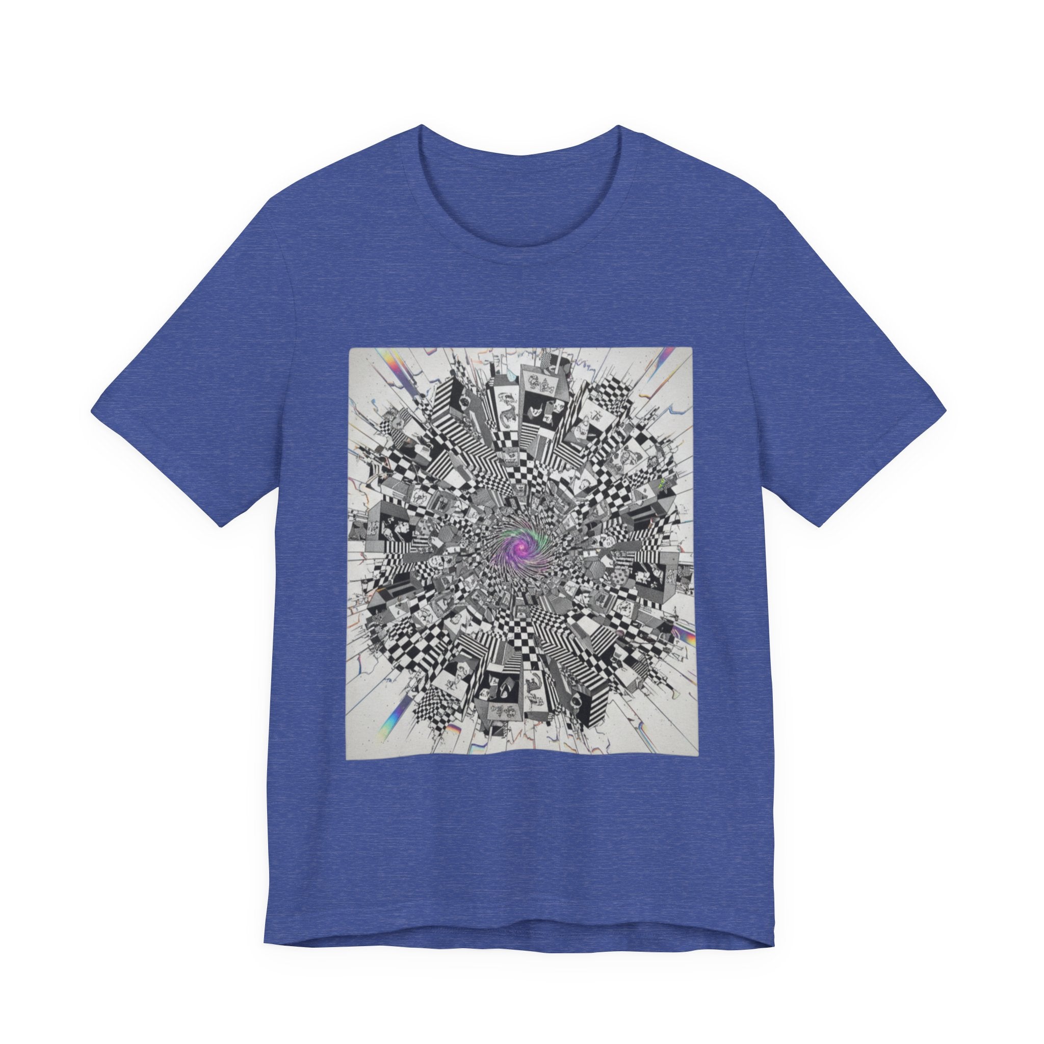 Psychedelic Cityscape Tee — Abstract Optical Art T‑Shirt with Purple Eye