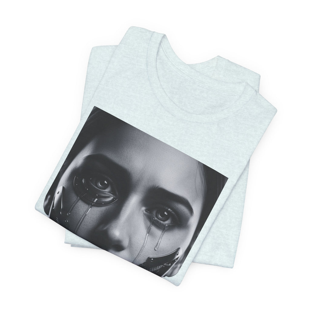 Cybernetic Woman Portrait Tee — Futuristic Black & White Sci‑Fi Face Graphic T-Shirt