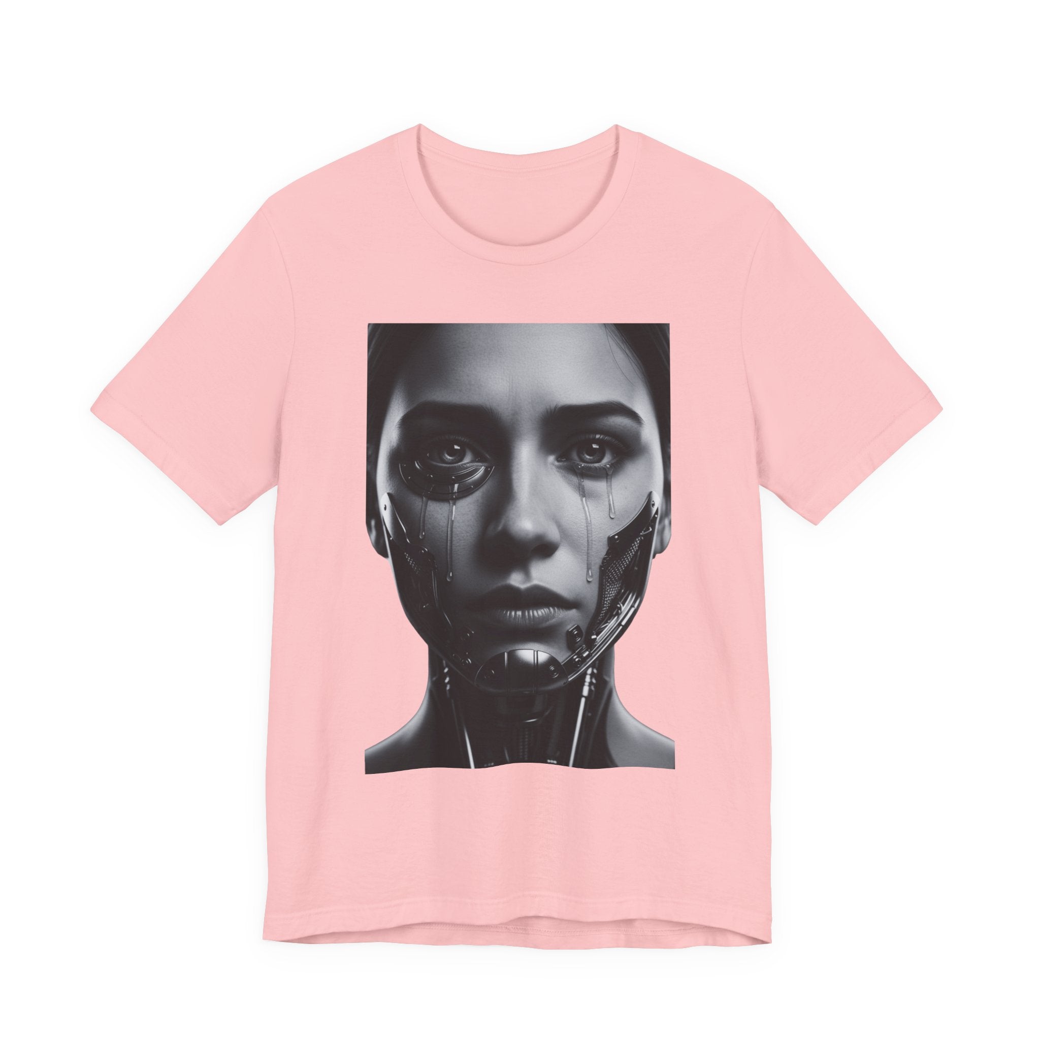 Cybernetic Woman Portrait Tee — Futuristic Black & White Sci‑Fi Face Graphic T-Shirt