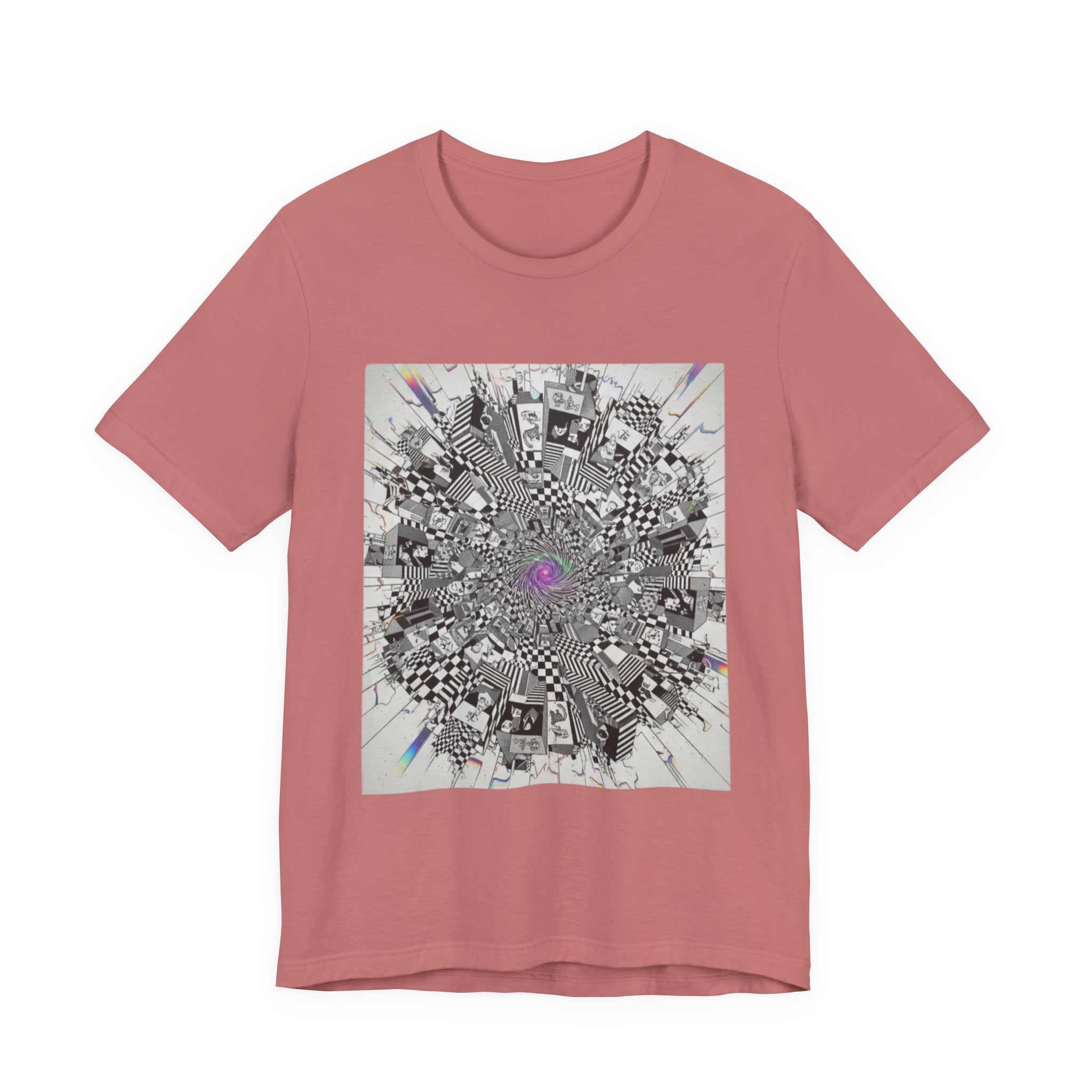 Psychedelic Cityscape Tee — Abstract Optical Art T‑Shirt with Purple Eye