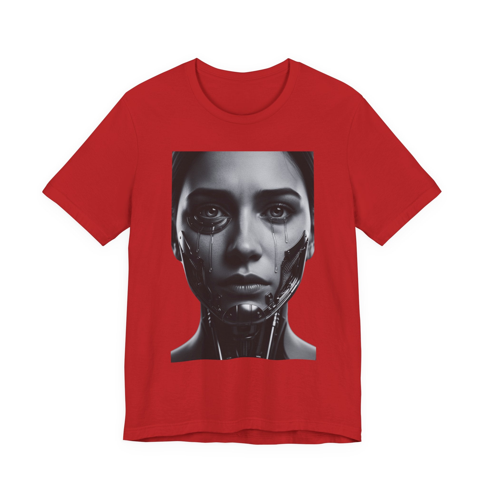 Cybernetic Woman Portrait Tee — Futuristic Black & White Sci‑Fi Face Graphic T-Shirt