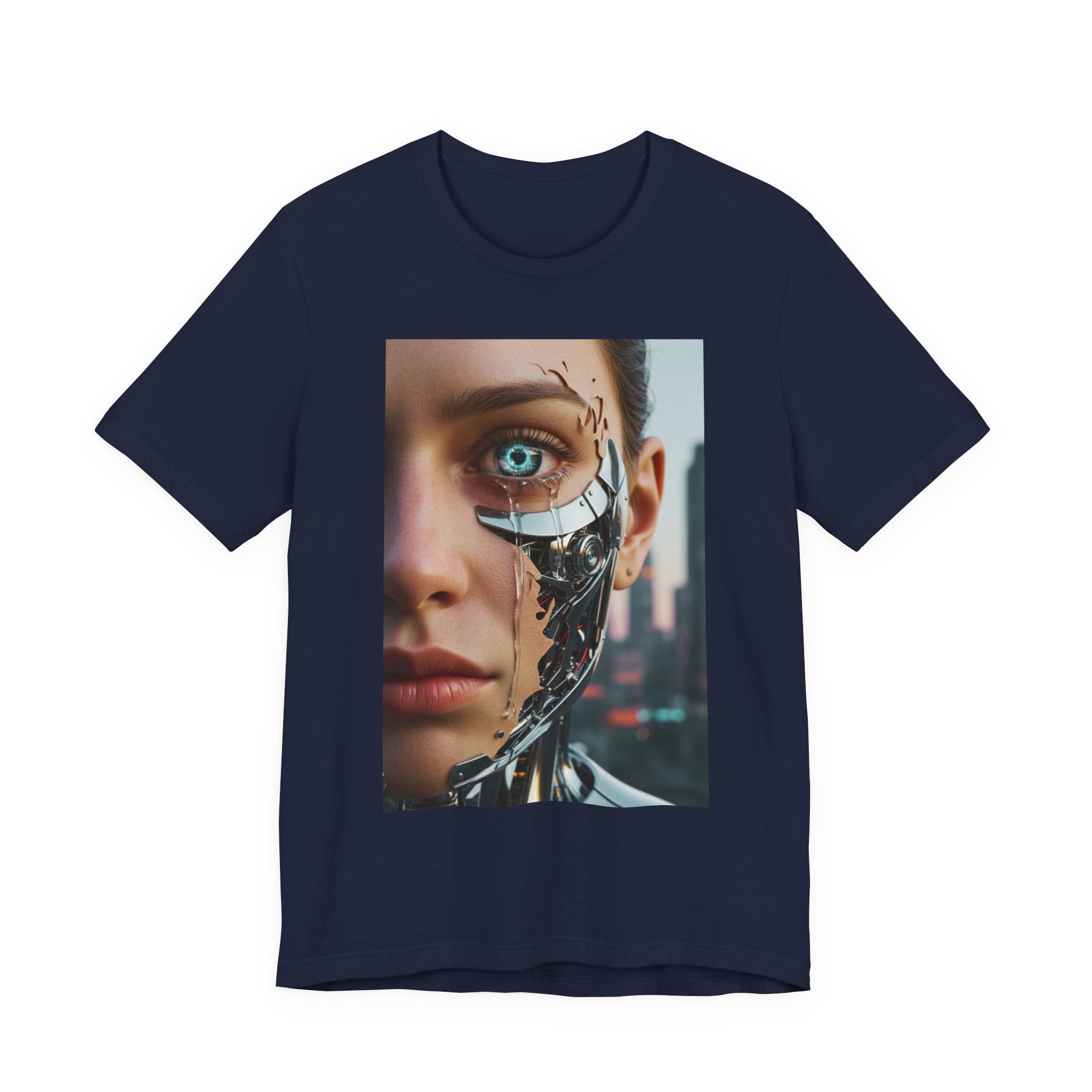 Cyborg Portrait T‑Shirt — Futuristic Android Face Graphic Tee