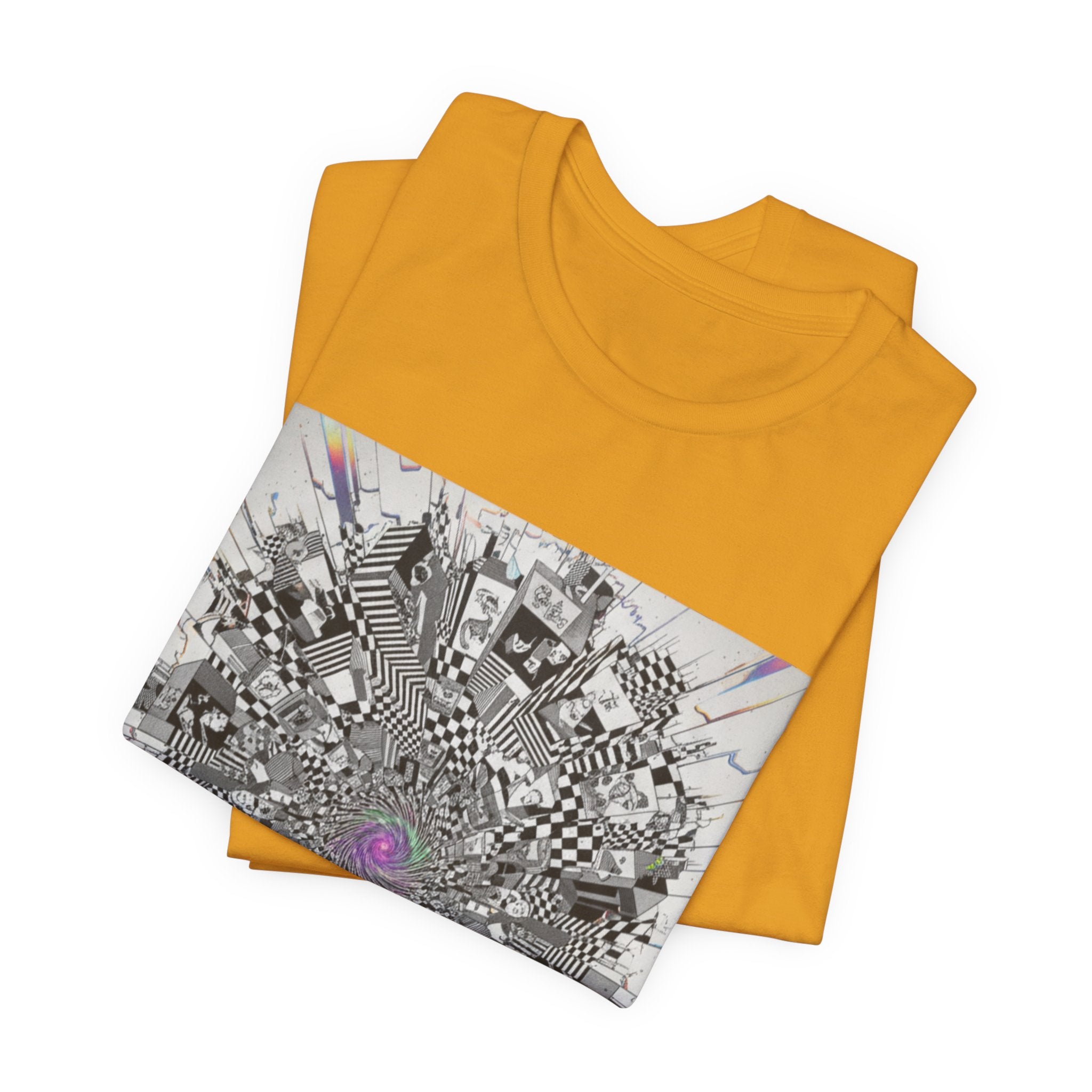 Psychedelic Cityscape Tee — Abstract Optical Art T‑Shirt with Purple Eye
