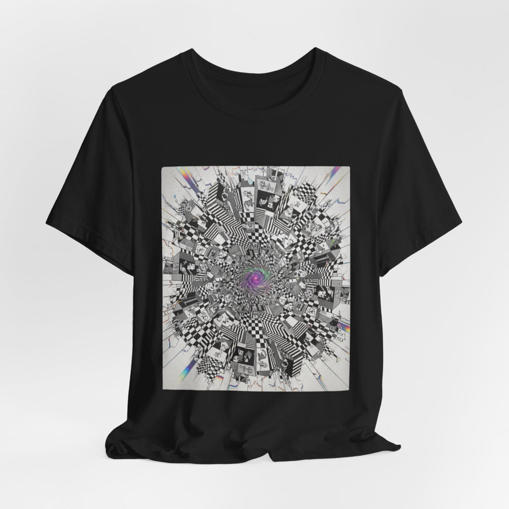 Psychedelic Cityscape Tee — Abstract Optical Art T‑Shirt with Purple Eye