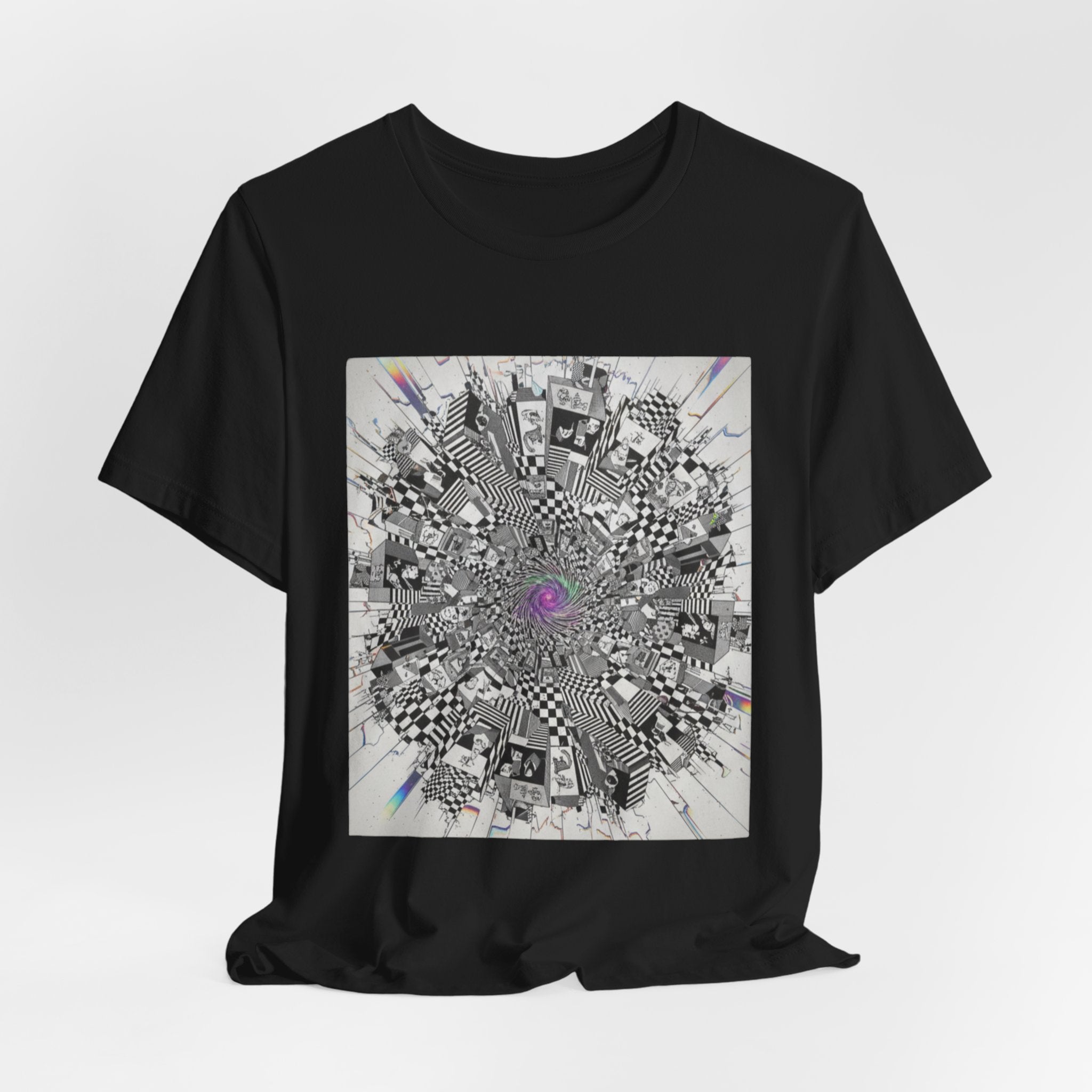 Psychedelic Cityscape Tee — Abstract Optical Art T‑Shirt with Purple Eye