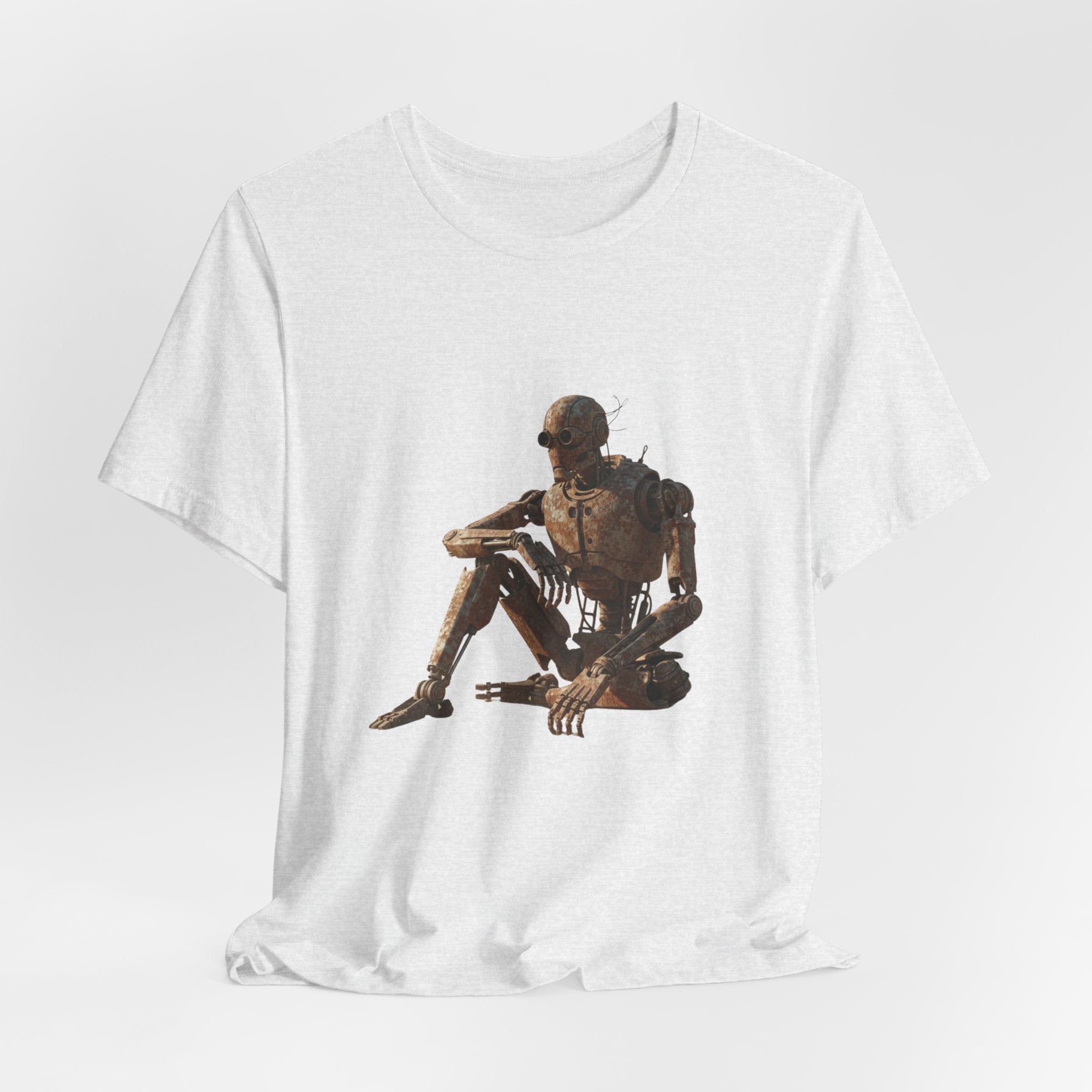 Rustic Robot Art Tee — Sitting Cyborg Graphic T-Shirt
