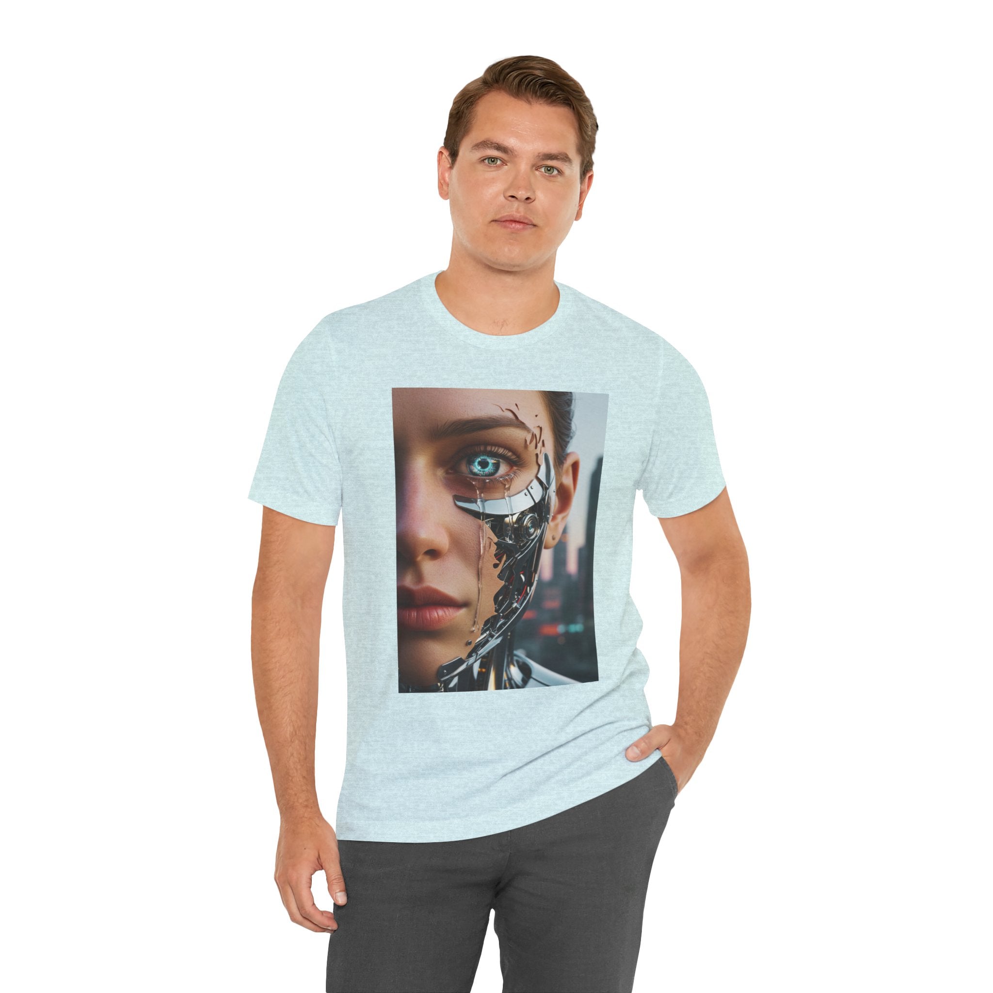 Cyborg Portrait T‑Shirt — Futuristic Android Face Graphic Tee