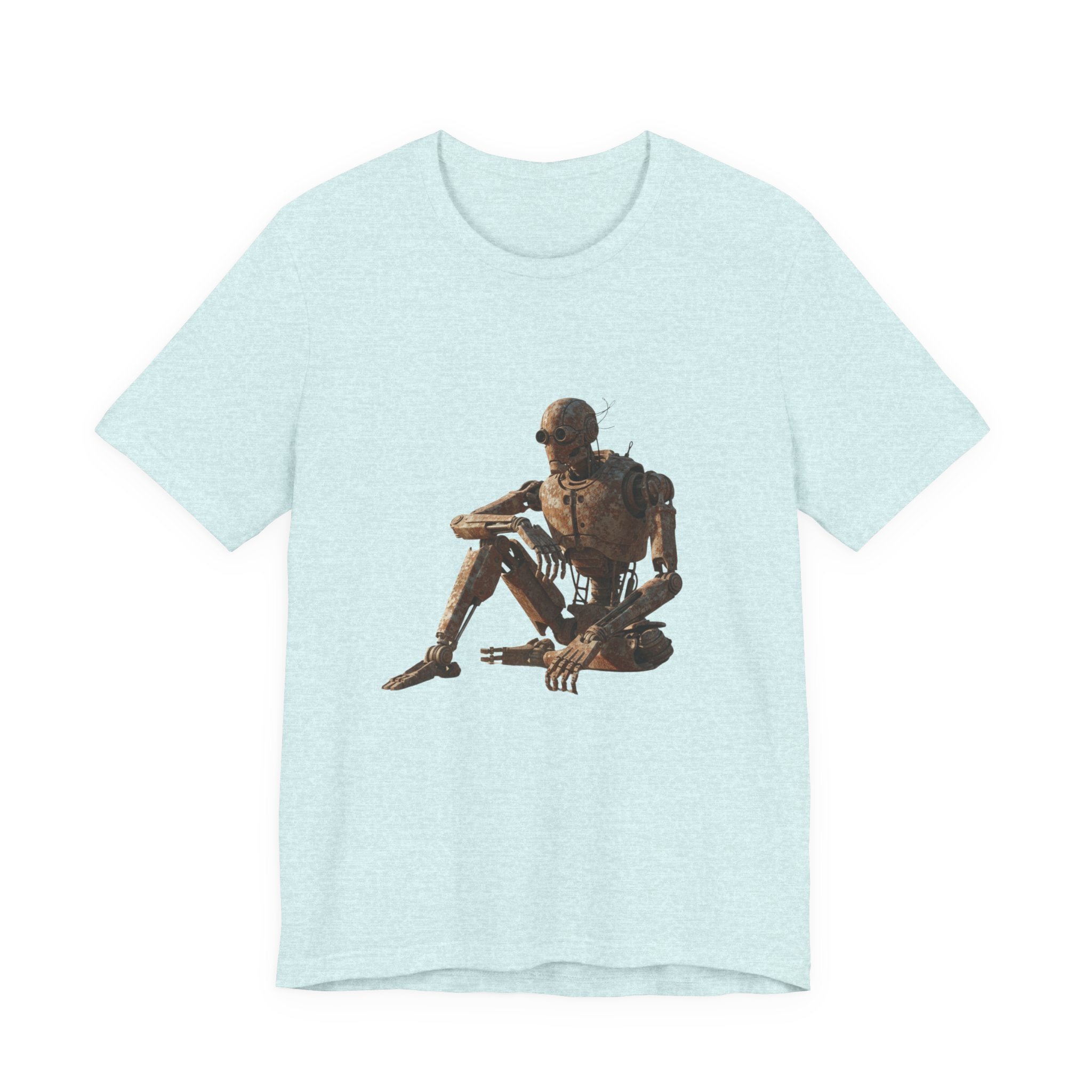 Rustic Robot Art Tee — Sitting Cyborg Graphic T-Shirt