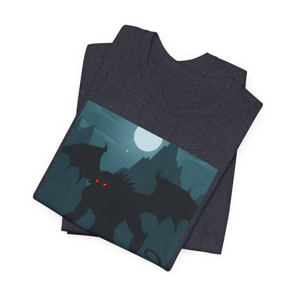 Cthulhu Nightscape T-Shirt — Lovecraftian Monster Tee with Glowing Red Eyes