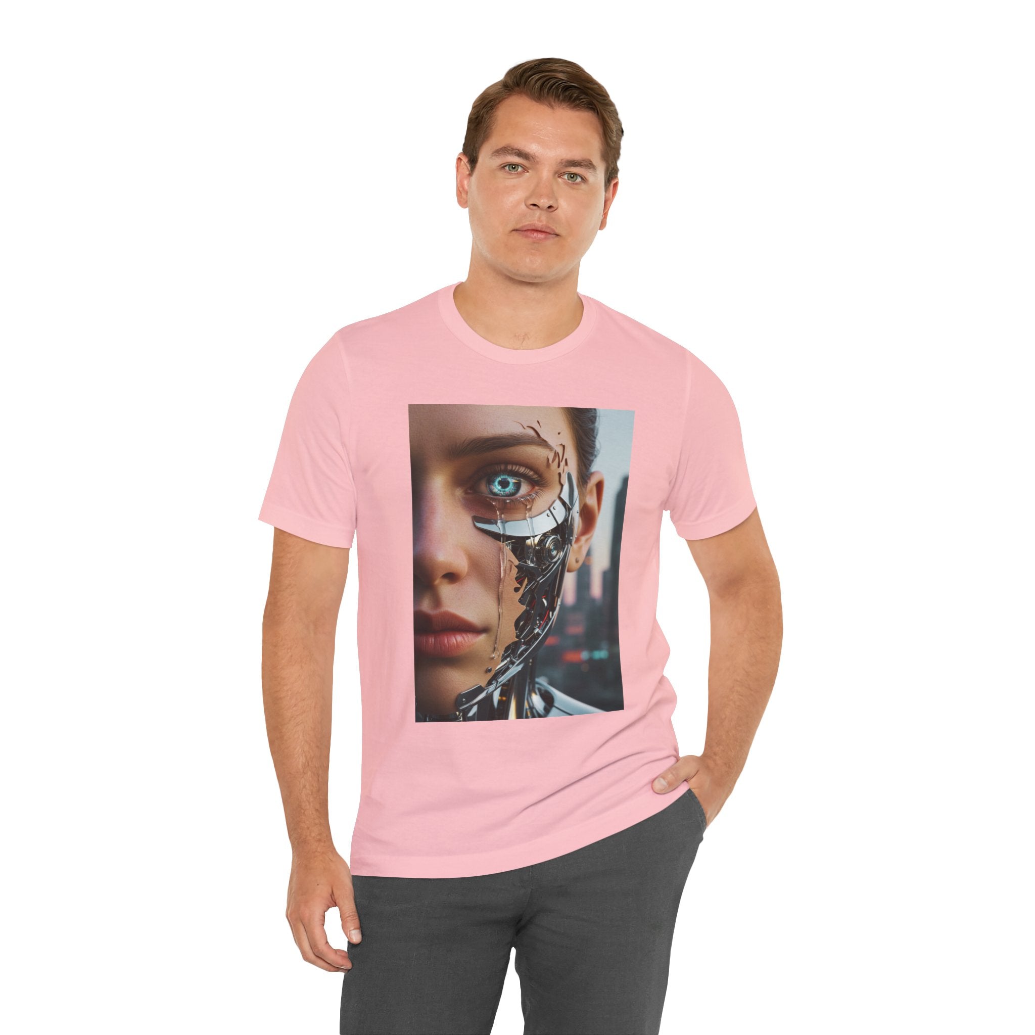 Cyborg Portrait T‑Shirt — Futuristic Android Face Graphic Tee
