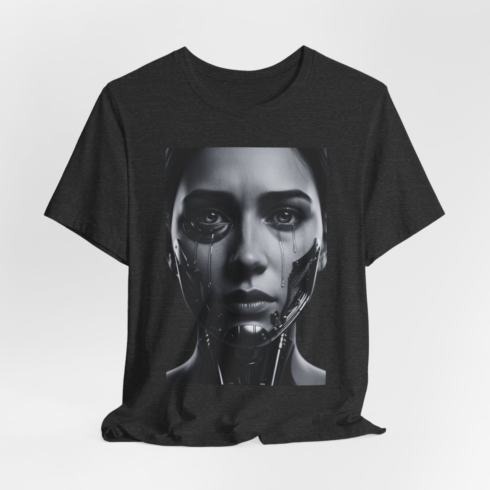 Cybernetic Woman Portrait Tee — Futuristic Black & White Sci‑Fi Face Graphic T-Shirt