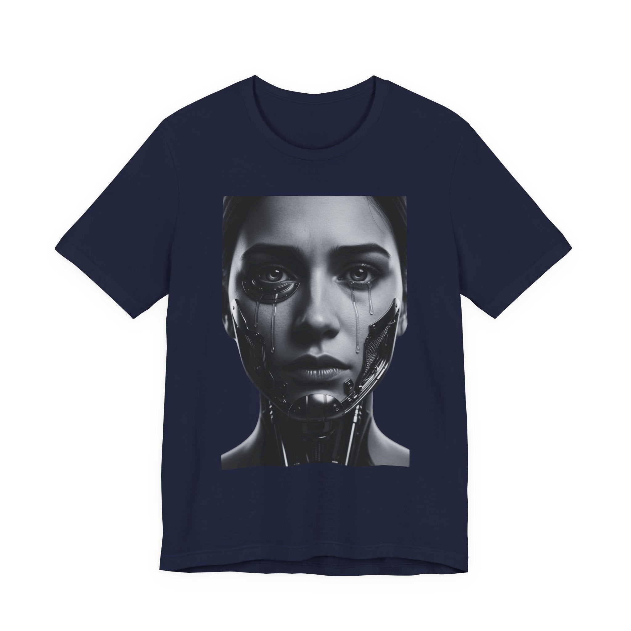 Cybernetic Woman Portrait Tee — Futuristic Black & White Sci‑Fi Face Graphic T-Shirt