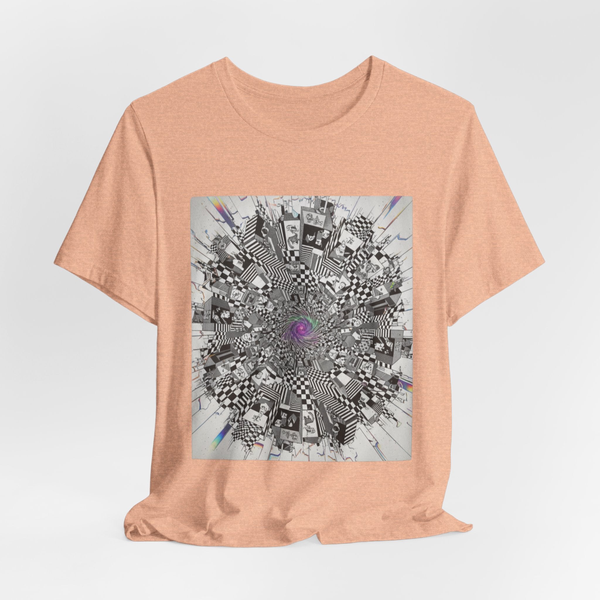 Psychedelic Cityscape Tee — Abstract Optical Art T‑Shirt with Purple Eye