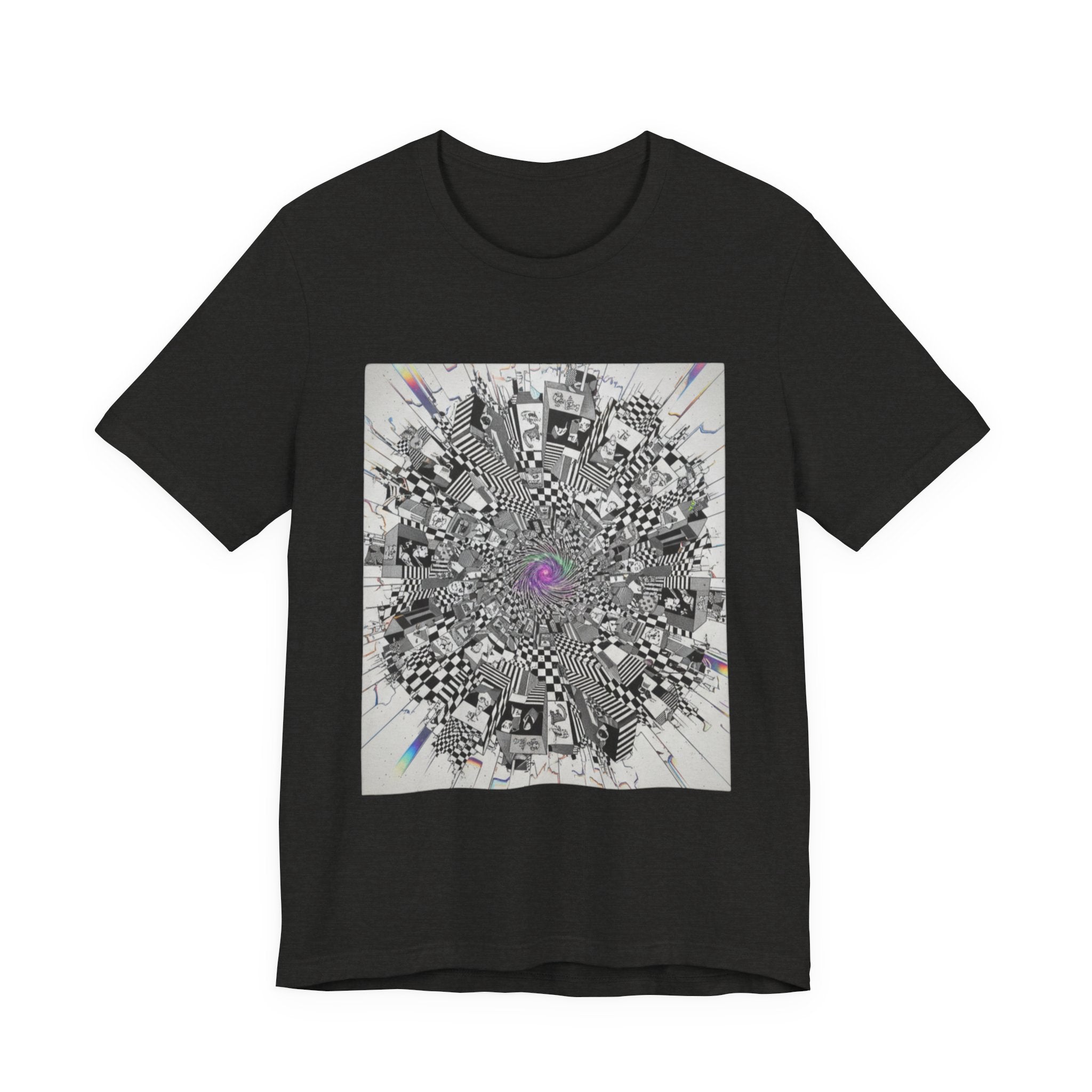 Psychedelic Cityscape Tee — Abstract Optical Art T‑Shirt with Purple Eye
