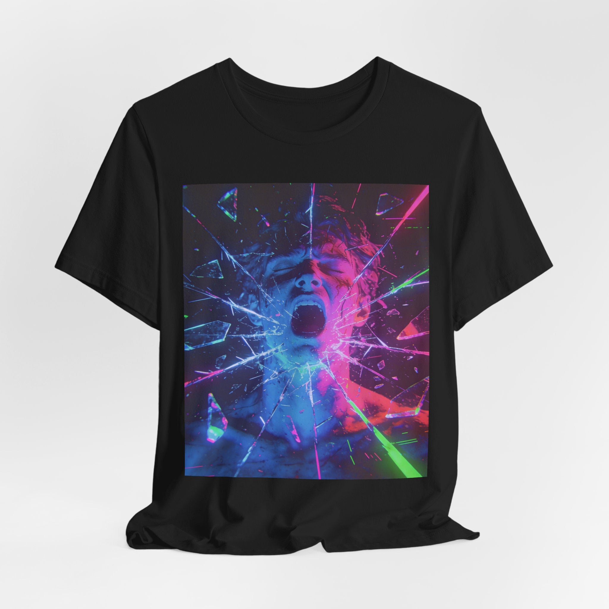 Psychedelic Shattered Portrait Tee – Neon Vaporwave Graphic T-Shirt