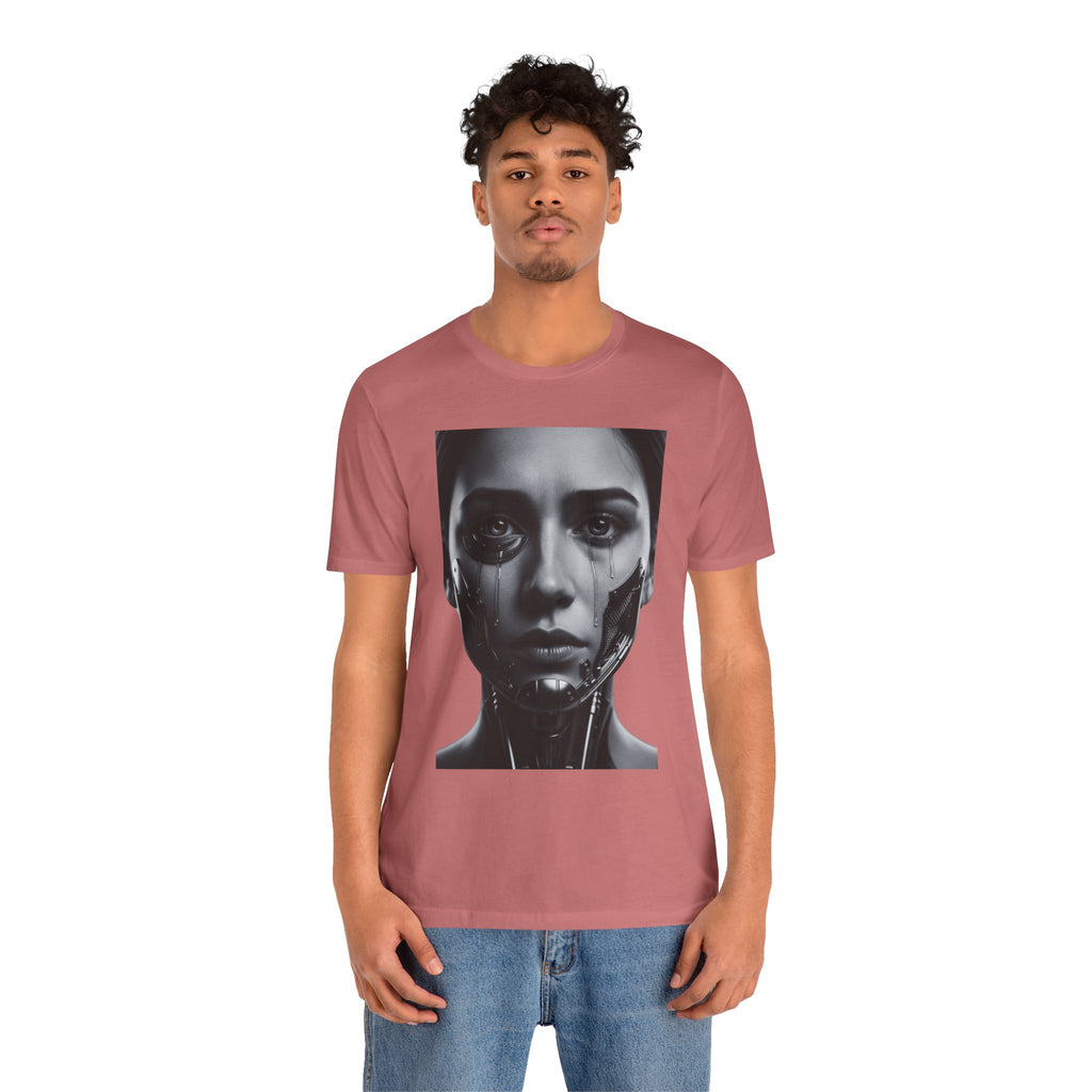 Cybernetic Woman Portrait Tee — Futuristic Black & White Sci‑Fi Face Graphic T-Shirt