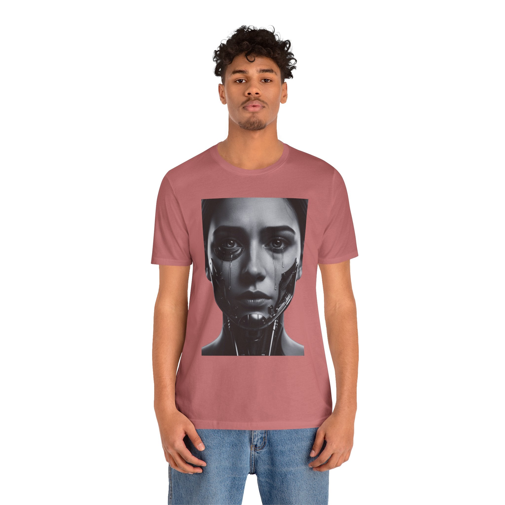 Cybernetic Woman Portrait Tee — Futuristic Black & White Sci‑Fi Face Graphic T-Shirt