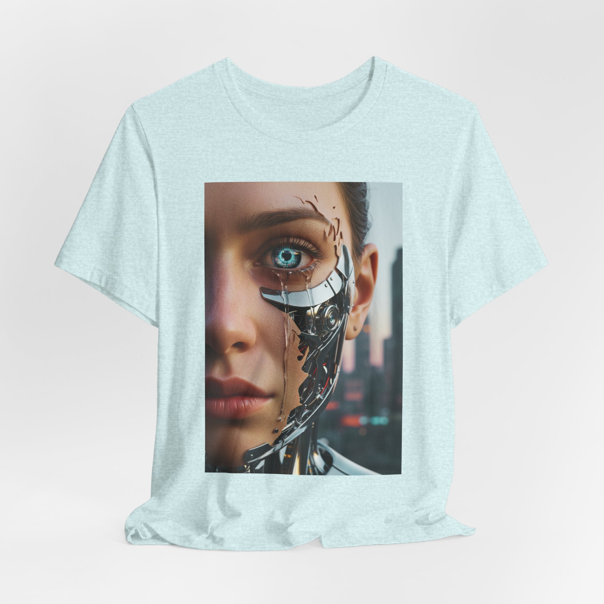 Cyborg Portrait T‑Shirt — Futuristic Android Face Graphic Tee
