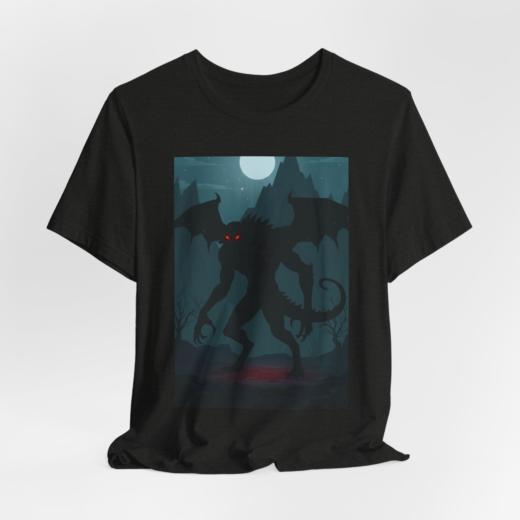 Cthulhu Nightscape T-Shirt — Lovecraftian Monster Tee with Glowing Red Eyes