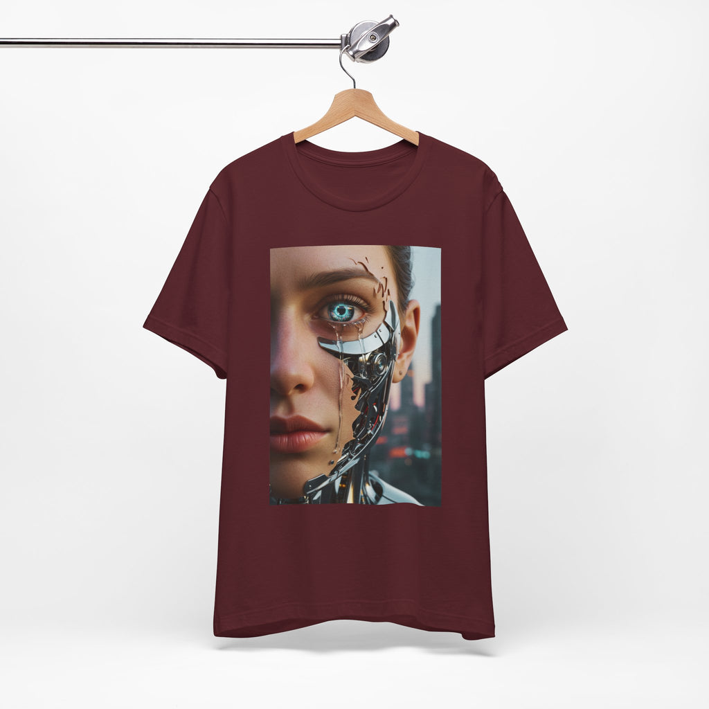 Cyborg Portrait T‑Shirt — Futuristic Android Face Graphic Tee