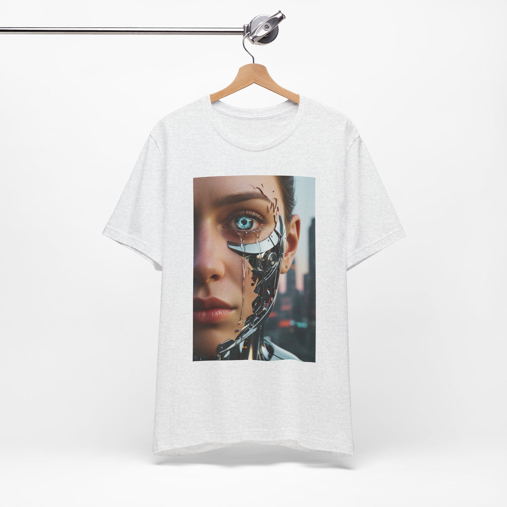 Cyborg Portrait T‑Shirt — Futuristic Android Face Graphic Tee