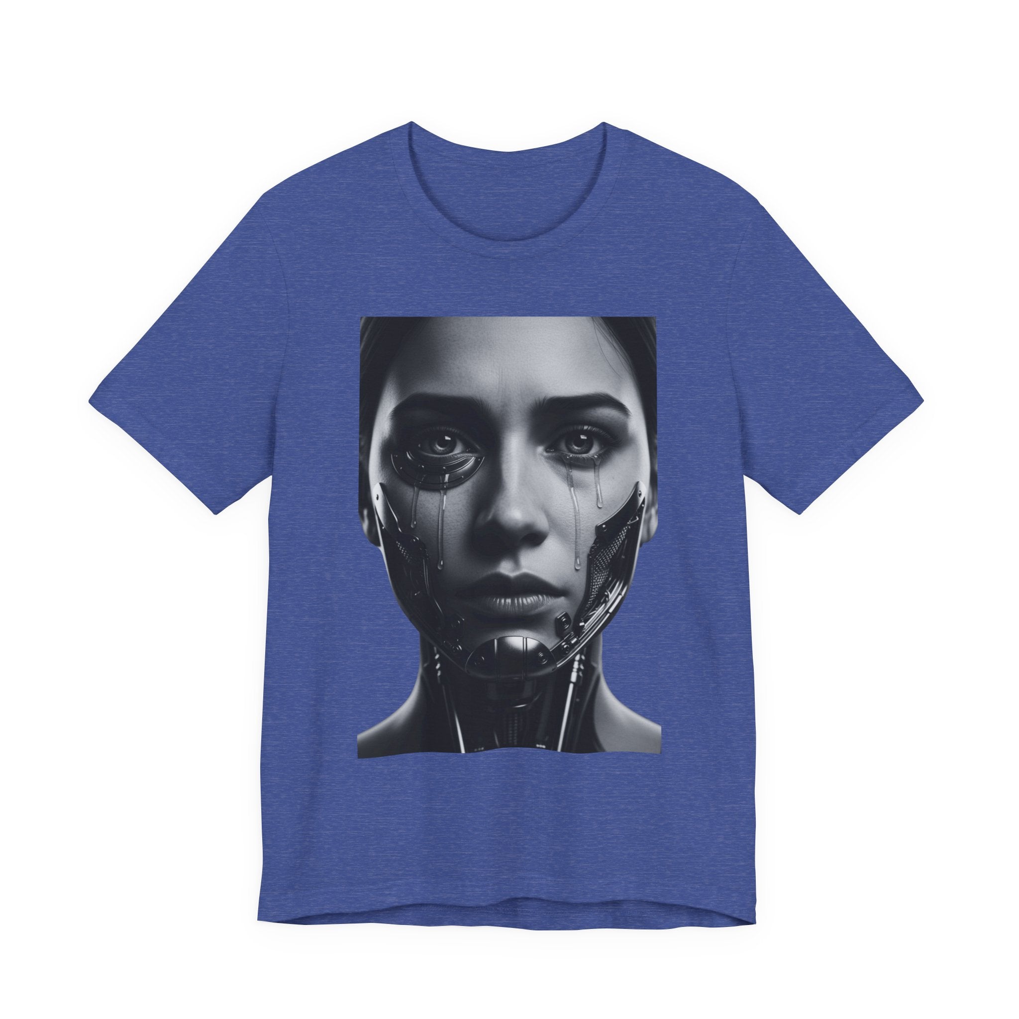 Cybernetic Woman Portrait Tee — Futuristic Black & White Sci‑Fi Face Graphic T-Shirt