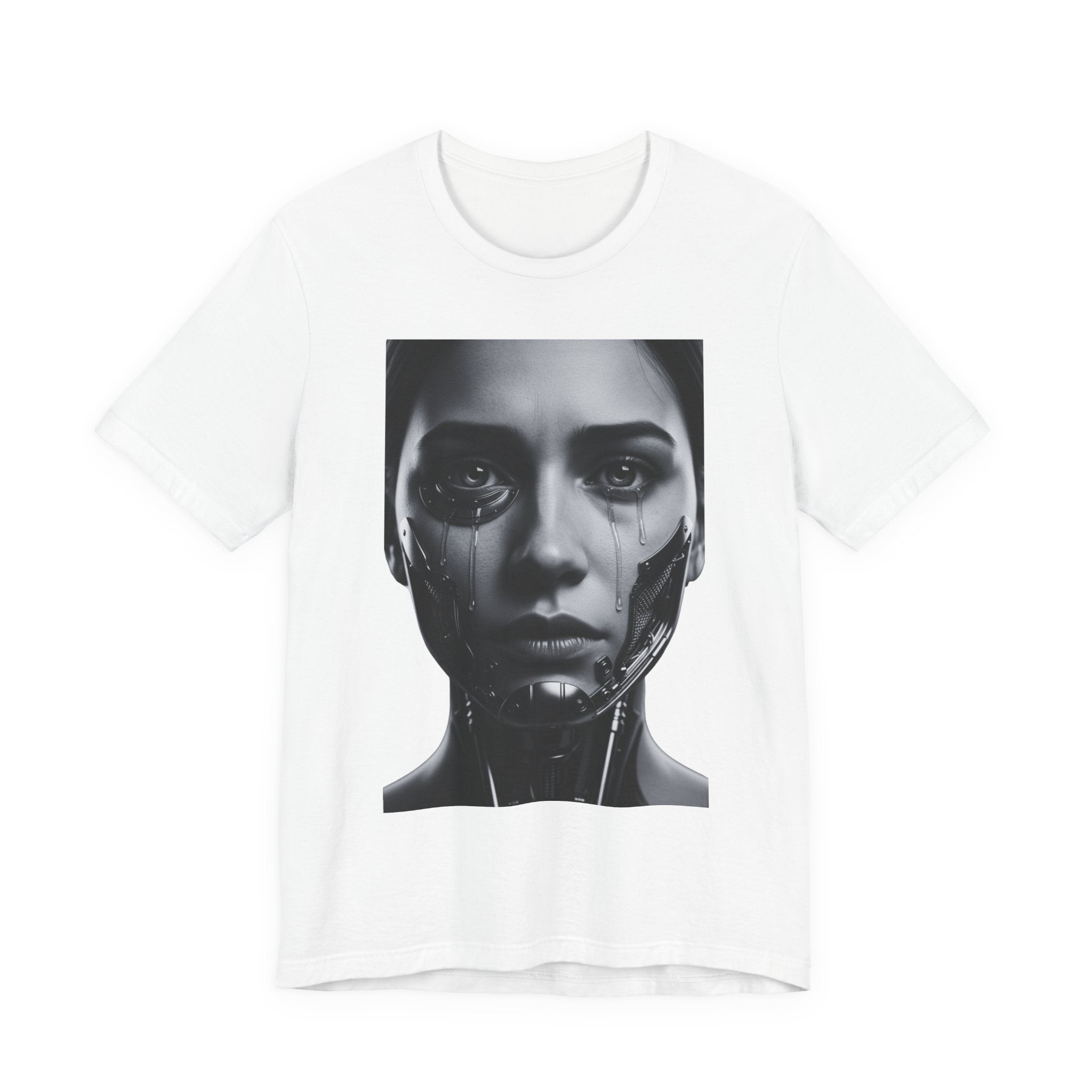 Cybernetic Woman Portrait Tee — Futuristic Black & White Sci‑Fi Face Graphic T-Shirt