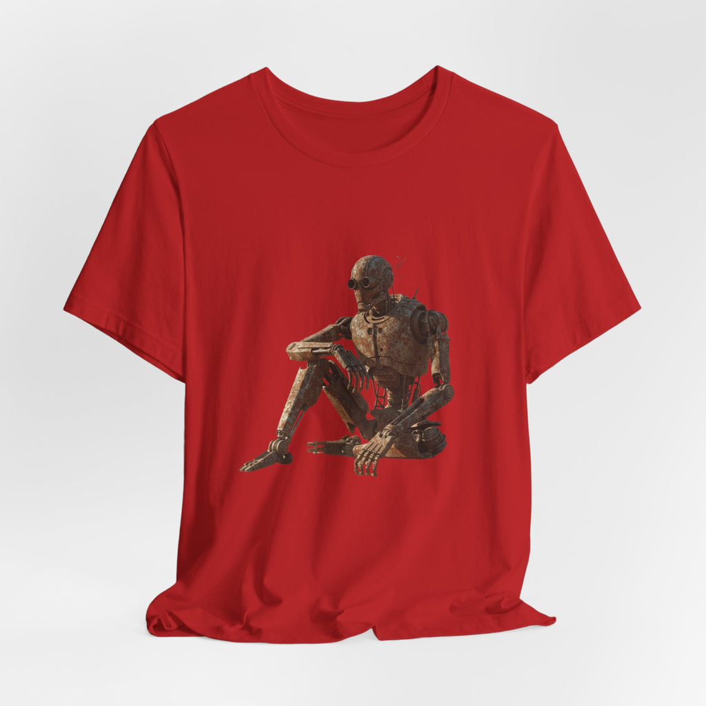 Rustic Robot Art Tee — Sitting Cyborg Graphic T-Shirt