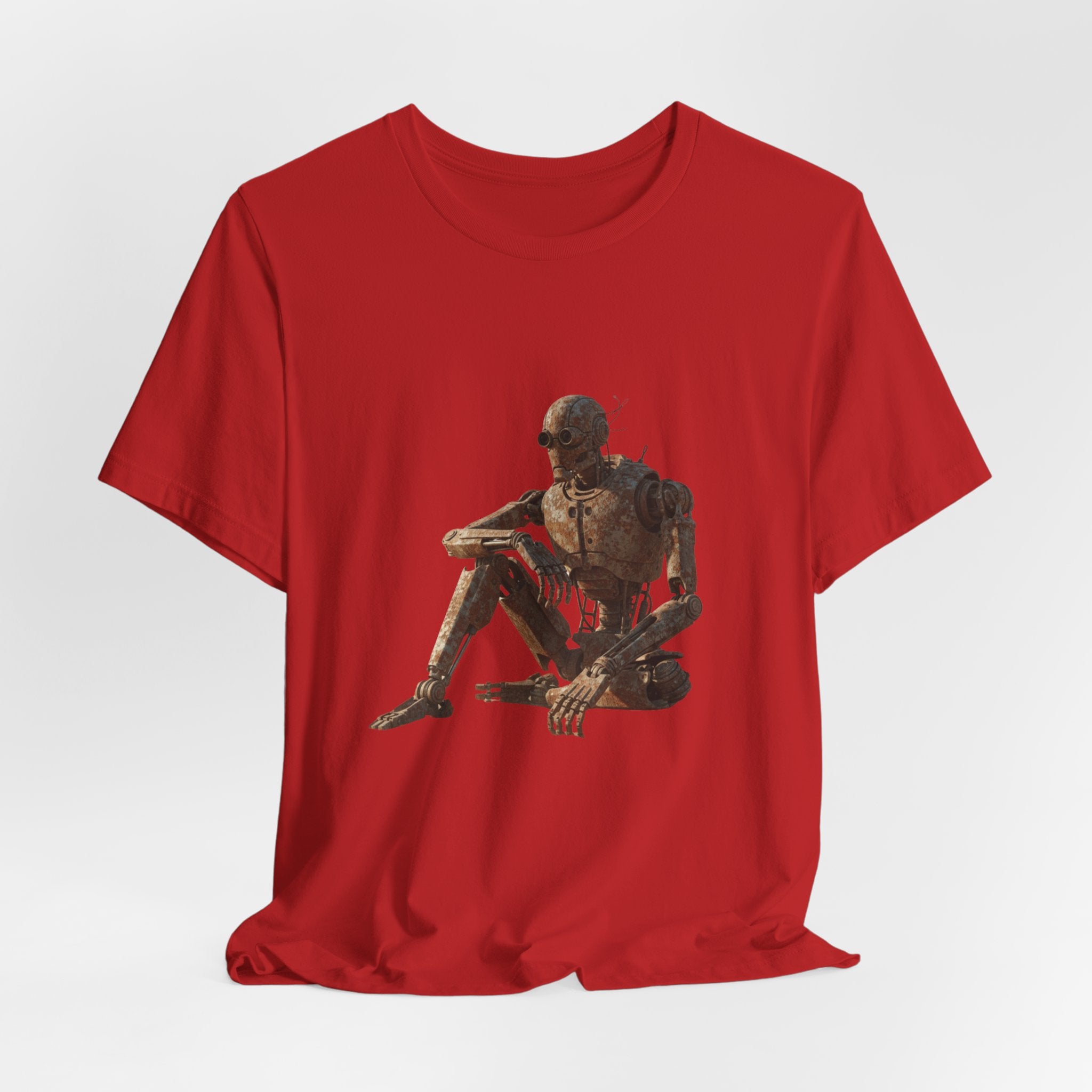 Rustic Robot Art Tee — Sitting Cyborg Graphic T-Shirt