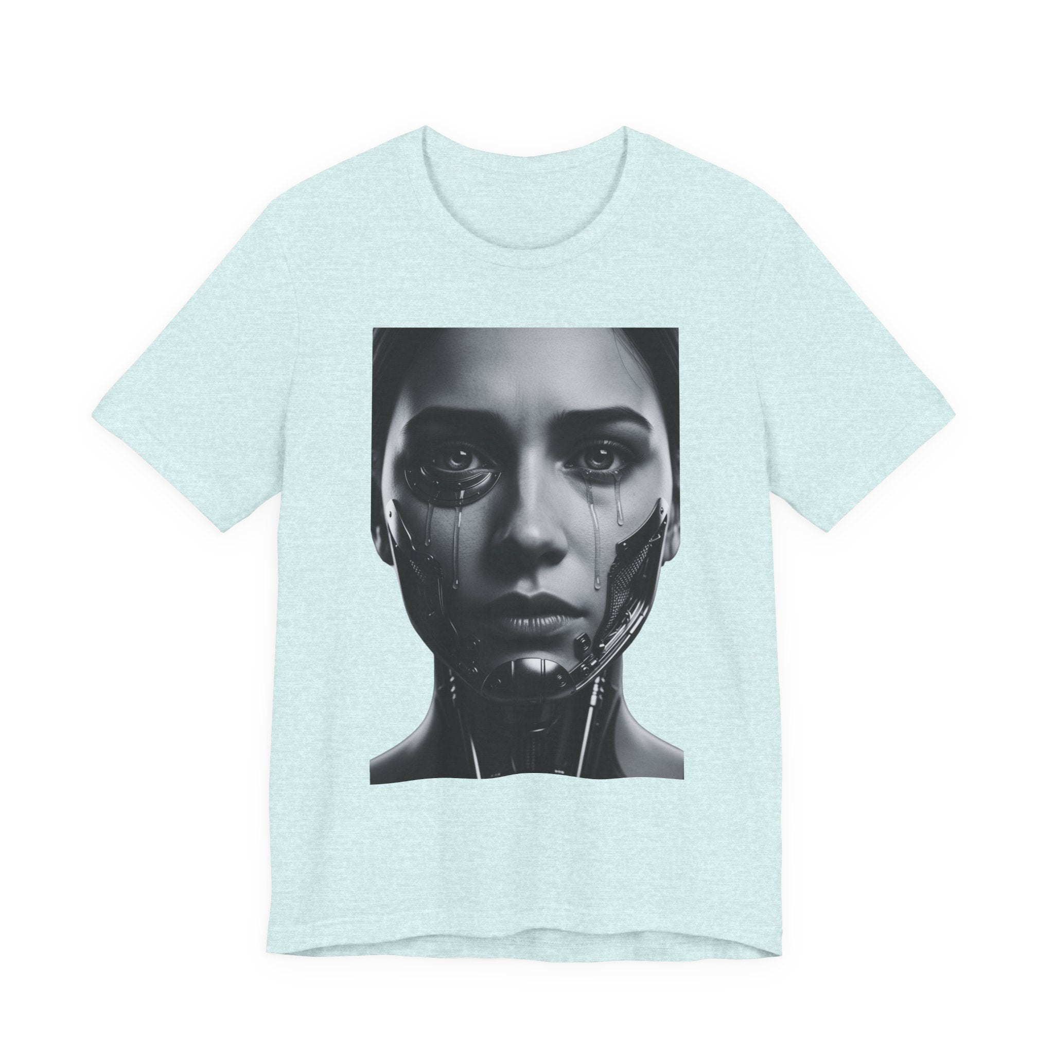 Cybernetic Woman Portrait Tee — Futuristic Black & White Sci‑Fi Face Graphic T-Shirt