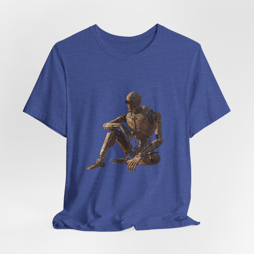 Rustic Robot Art Tee — Sitting Cyborg Graphic T-Shirt
