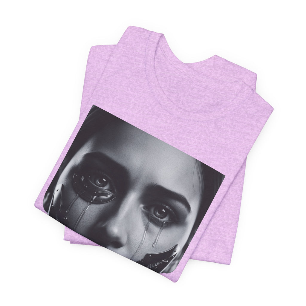Cybernetic Woman Portrait Tee — Futuristic Black & White Sci‑Fi Face Graphic T-Shirt
