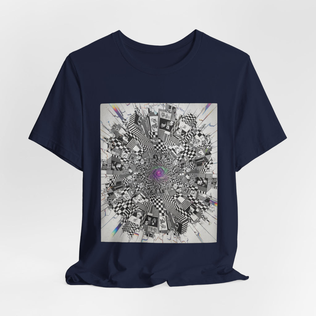 Psychedelic Cityscape Tee — Abstract Optical Art T‑Shirt with Purple Eye