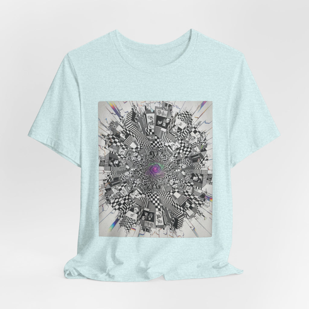 Psychedelic Cityscape Tee — Abstract Optical Art T‑Shirt with Purple Eye