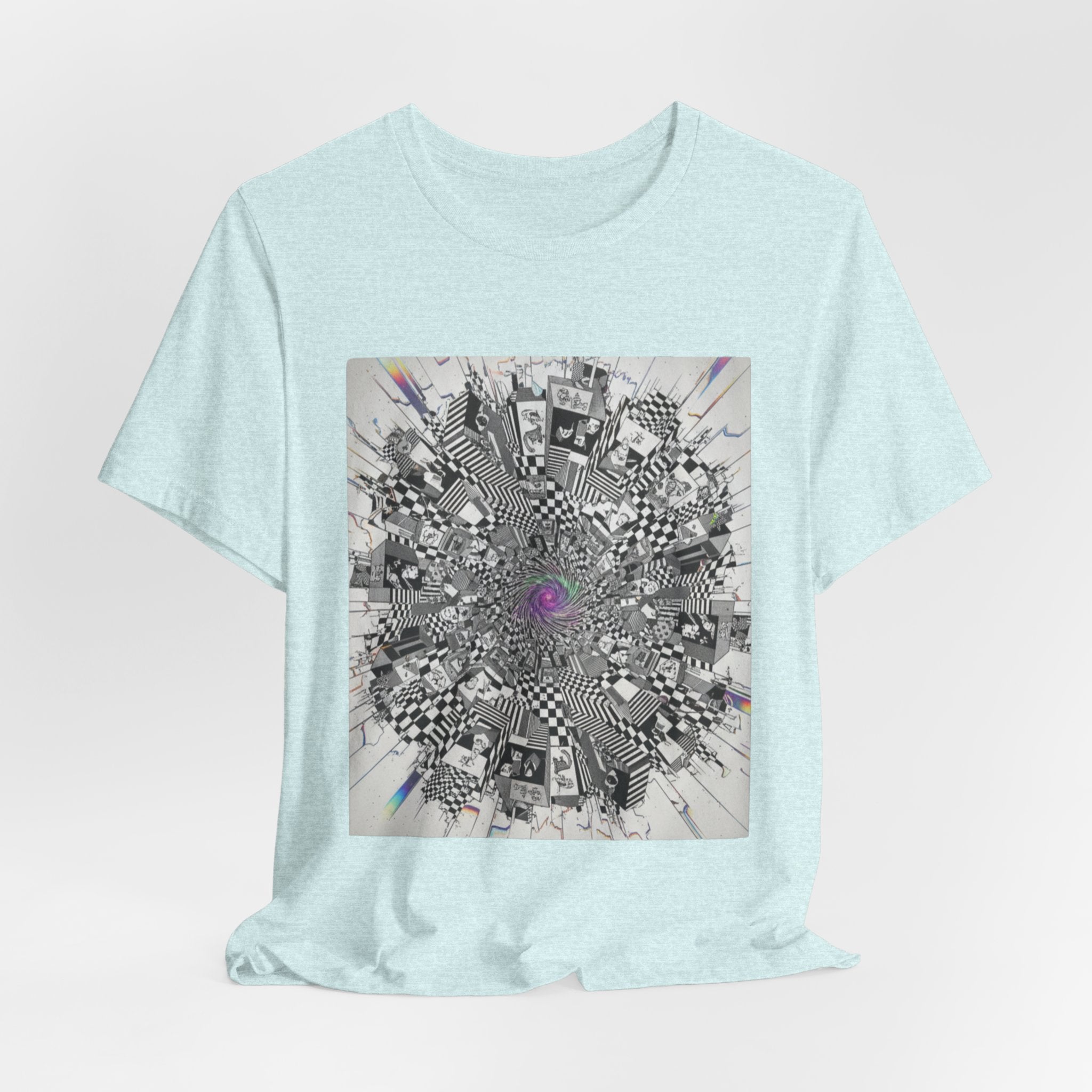 Psychedelic Cityscape Tee — Abstract Optical Art T‑Shirt with Purple Eye