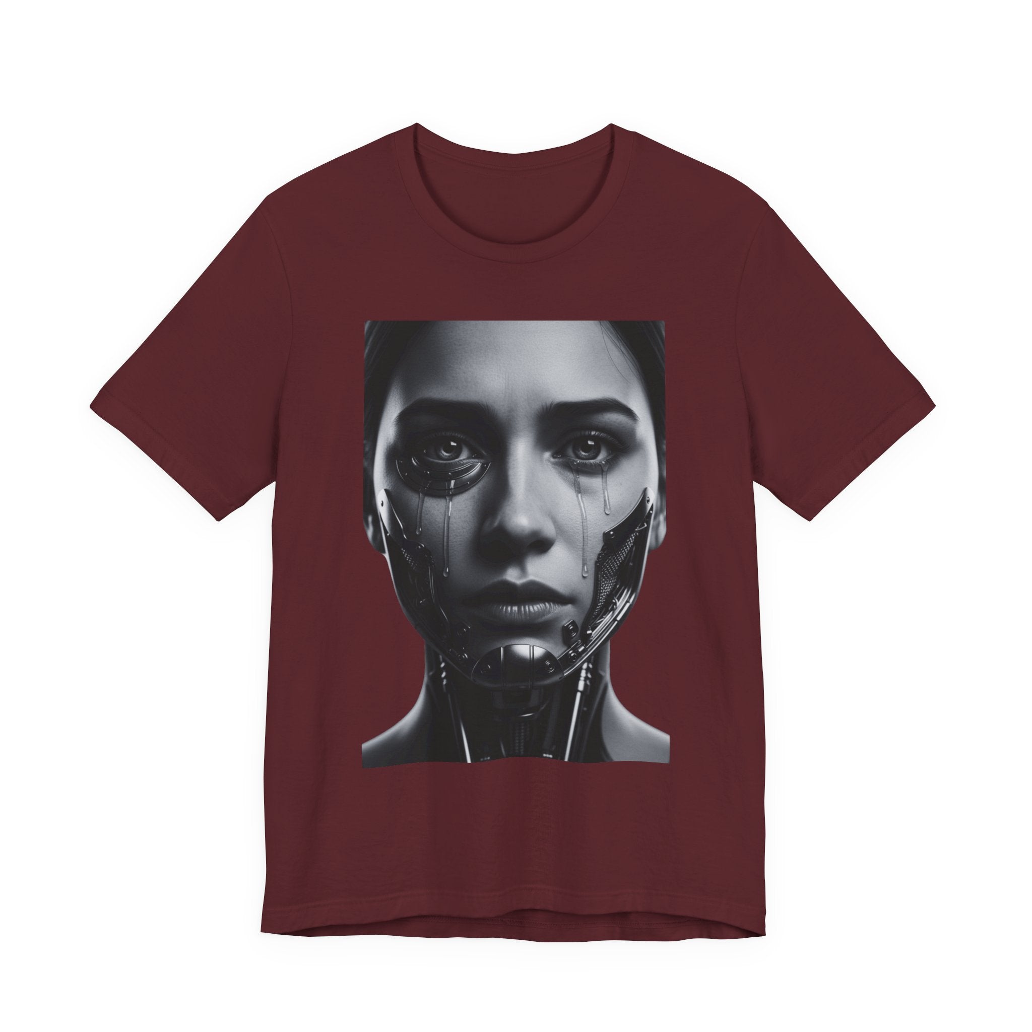 Cybernetic Woman Portrait Tee — Futuristic Black & White Sci‑Fi Face Graphic T-Shirt