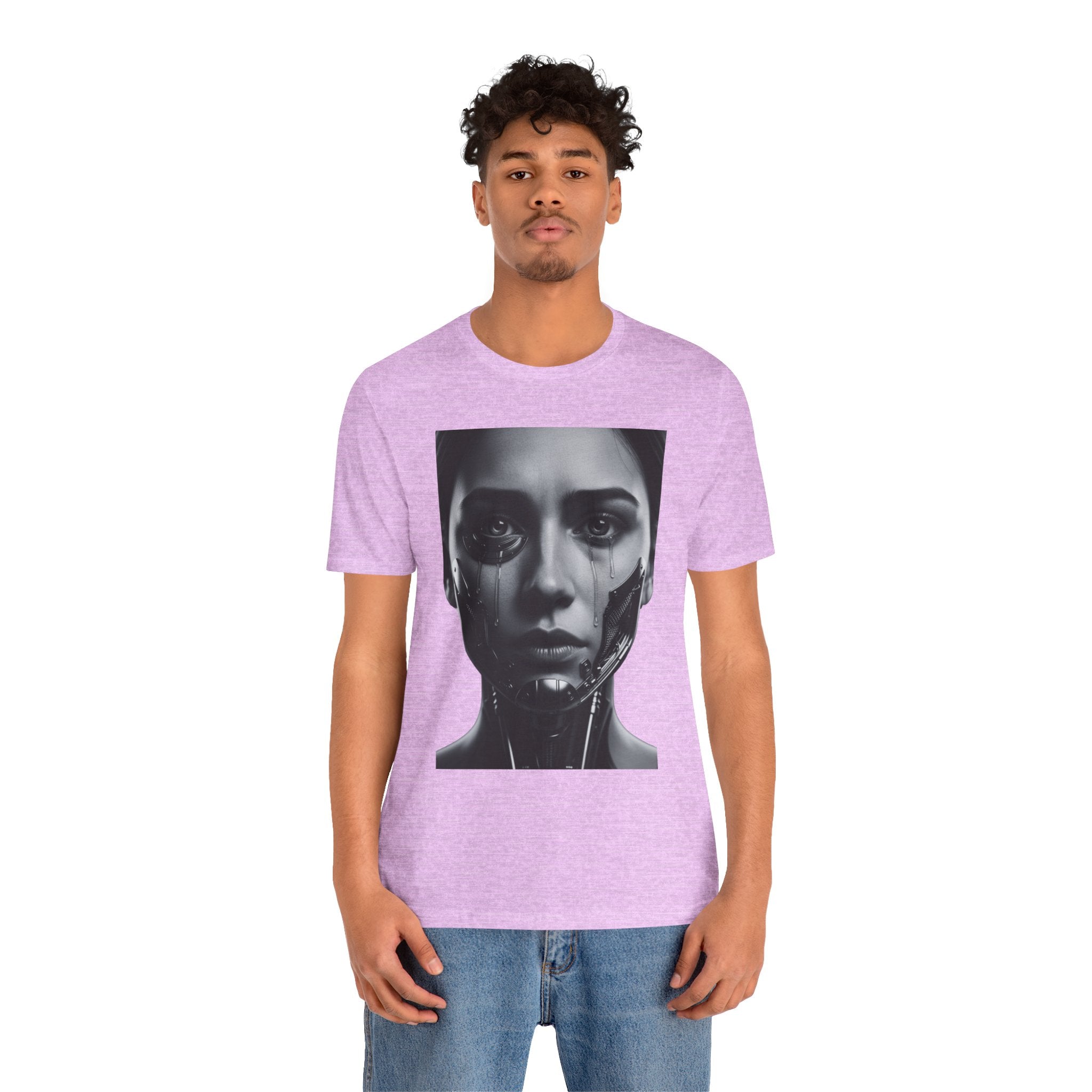 Cybernetic Woman Portrait Tee — Futuristic Black & White Sci‑Fi Face Graphic T-Shirt