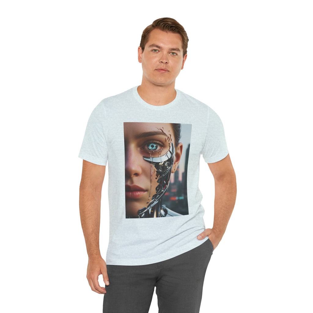 Cyborg Portrait T‑Shirt — Futuristic Android Face Graphic Tee
