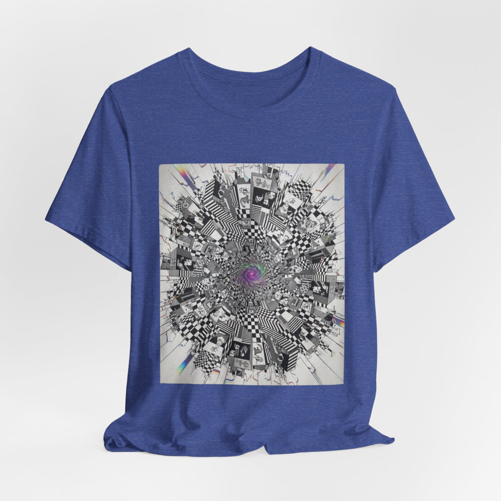 Psychedelic Cityscape Tee — Abstract Optical Art T‑Shirt with Purple Eye