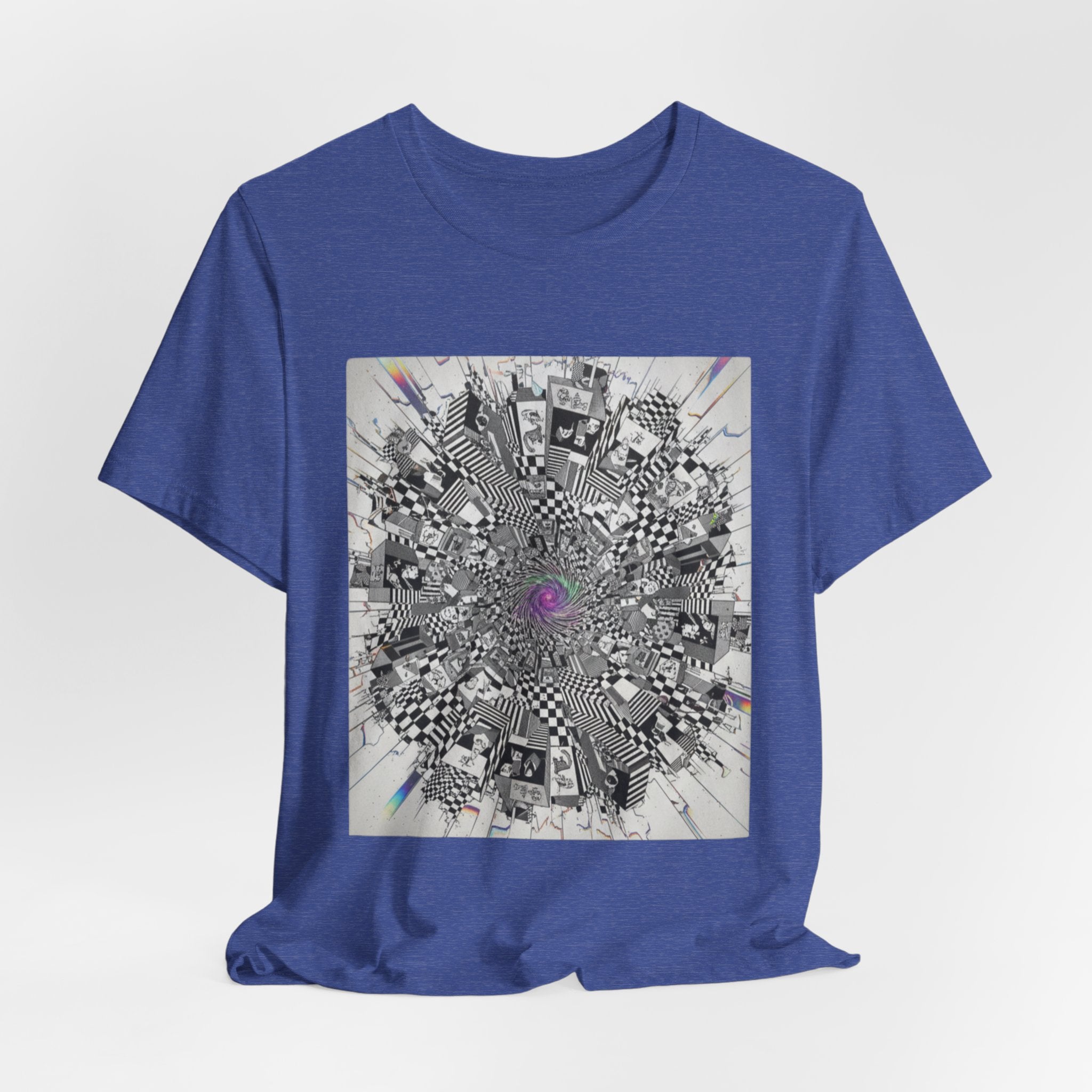 Psychedelic Cityscape Tee — Abstract Optical Art T‑Shirt with Purple Eye