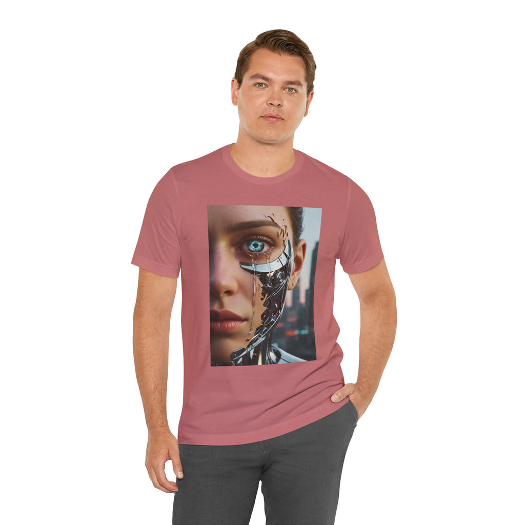 Cyborg Portrait T‑Shirt — Futuristic Android Face Graphic Tee
